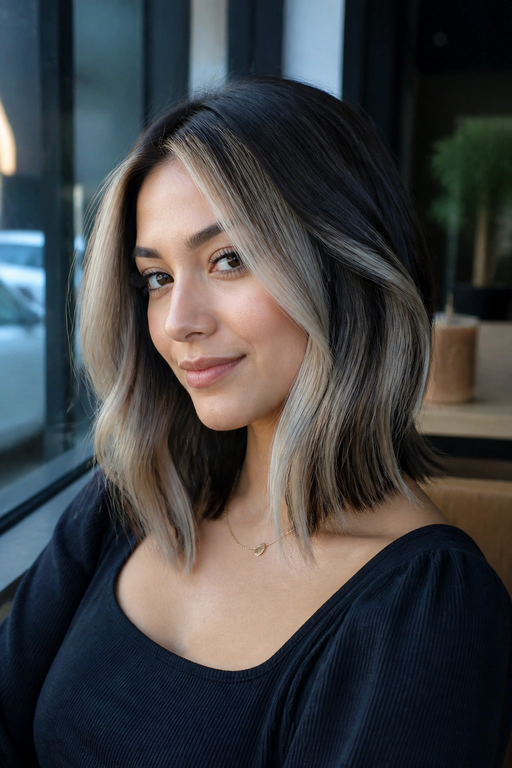 Ash blonde panels on dark brown lob with crisp cool contrast