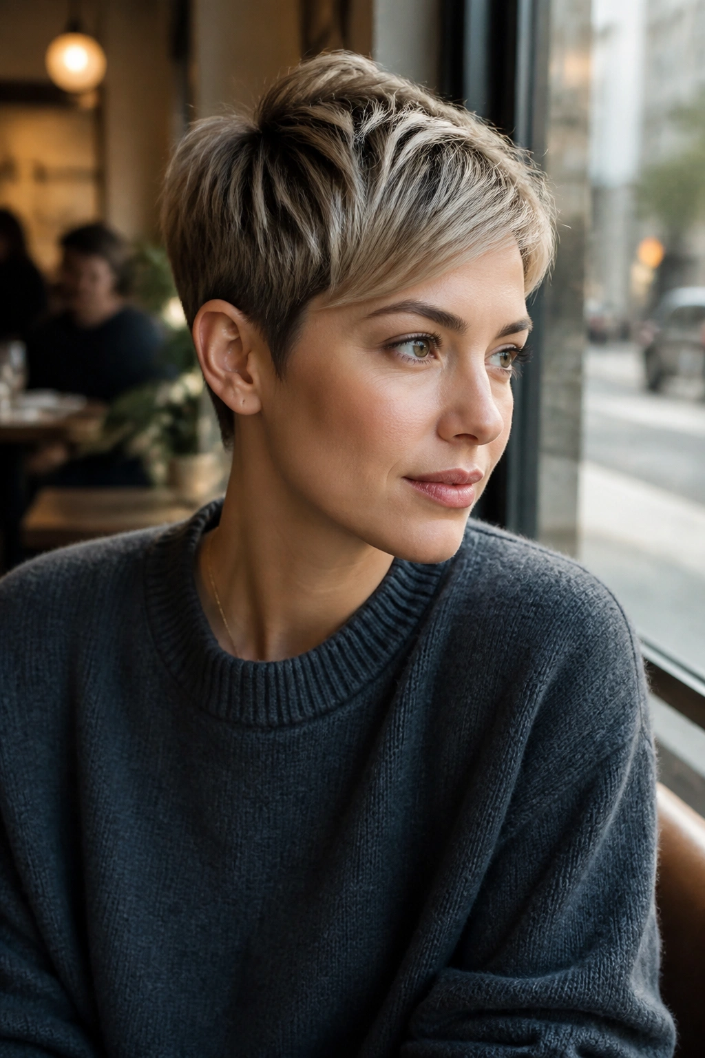 Real person with a pixie cut and ash blonde balayage on top and fringe.