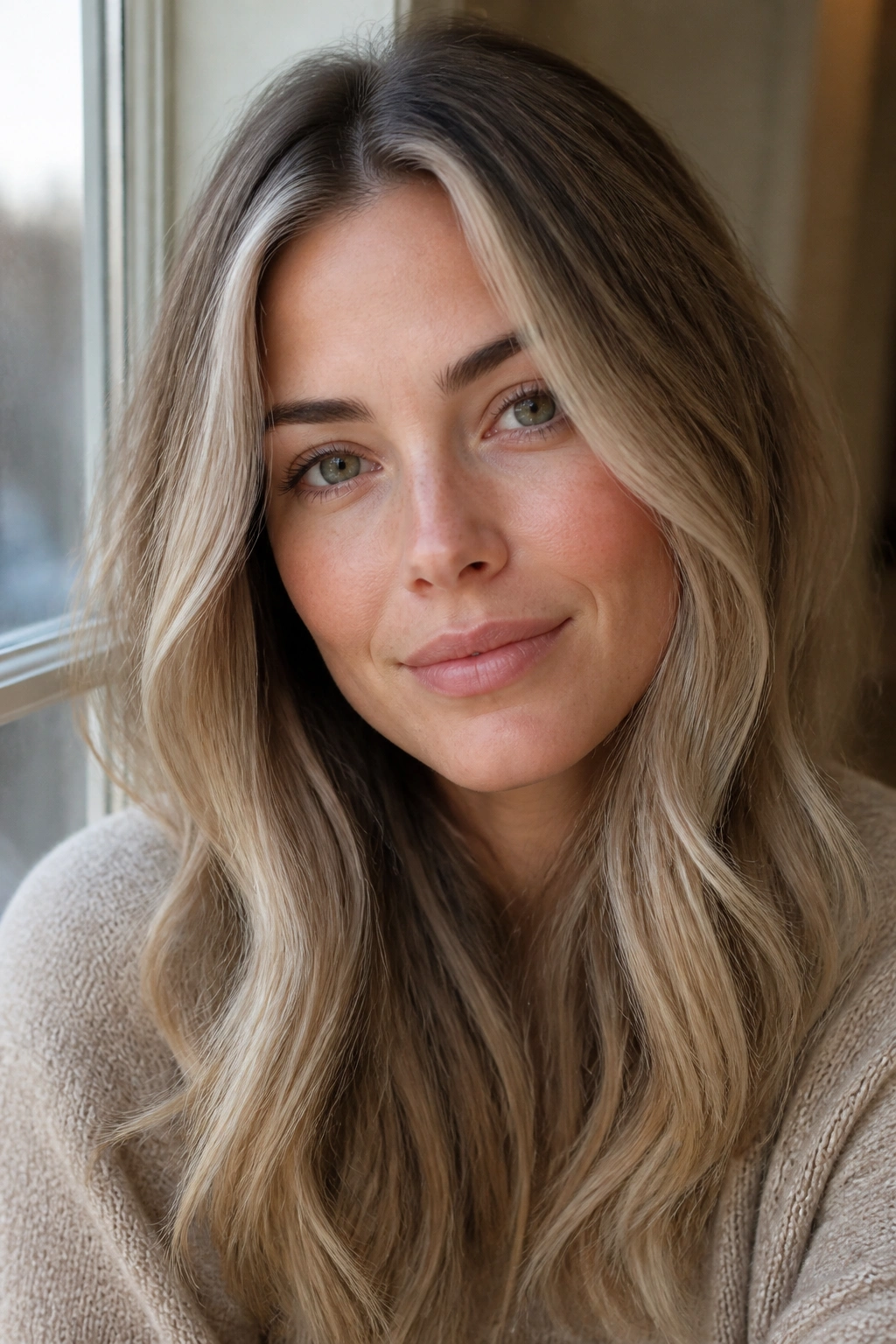 Close-up portrait of a woman with ash blonde ribbons framing the face.
