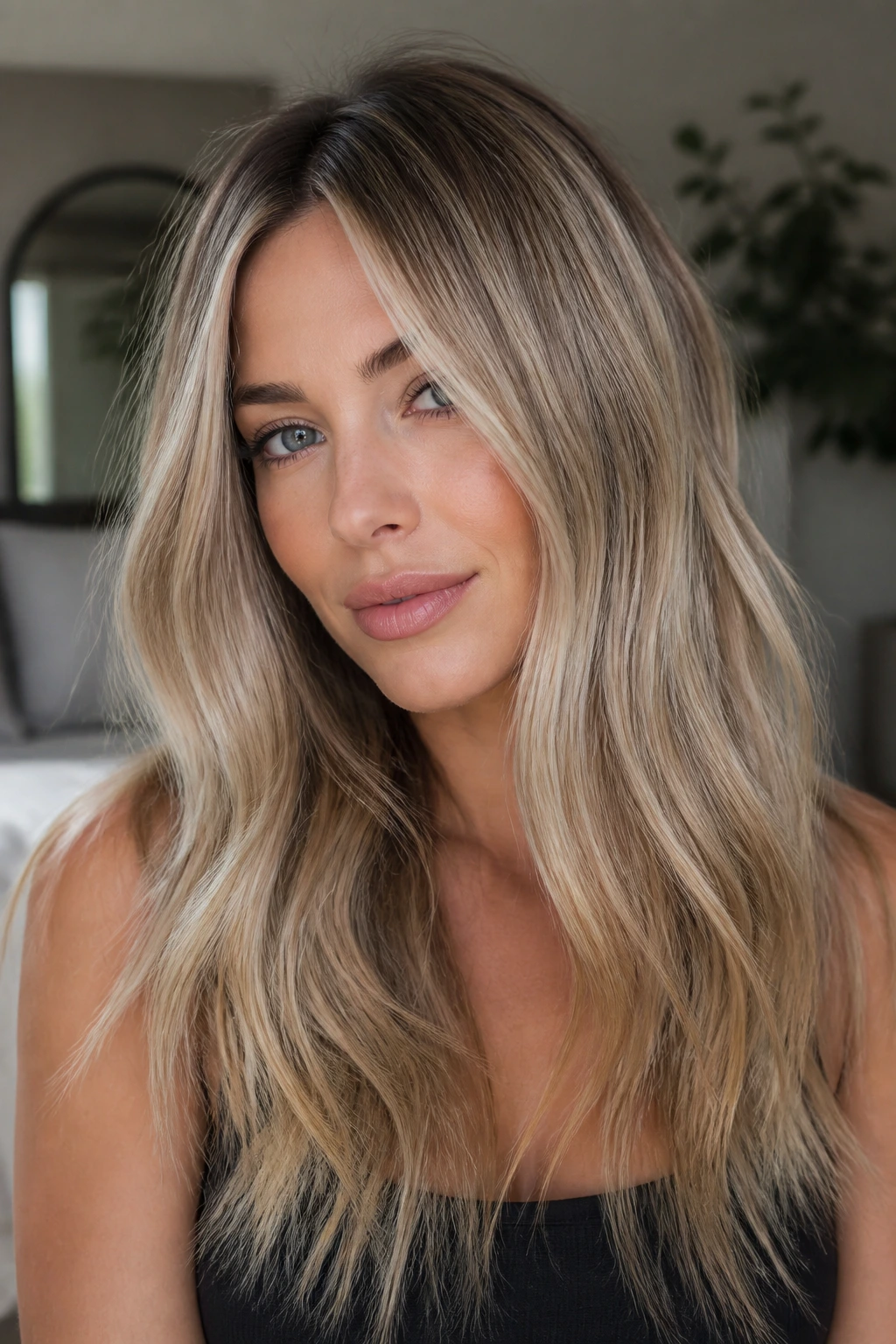 Portrait of a woman with ash blonde with rooted shadow and dimensional highlights.