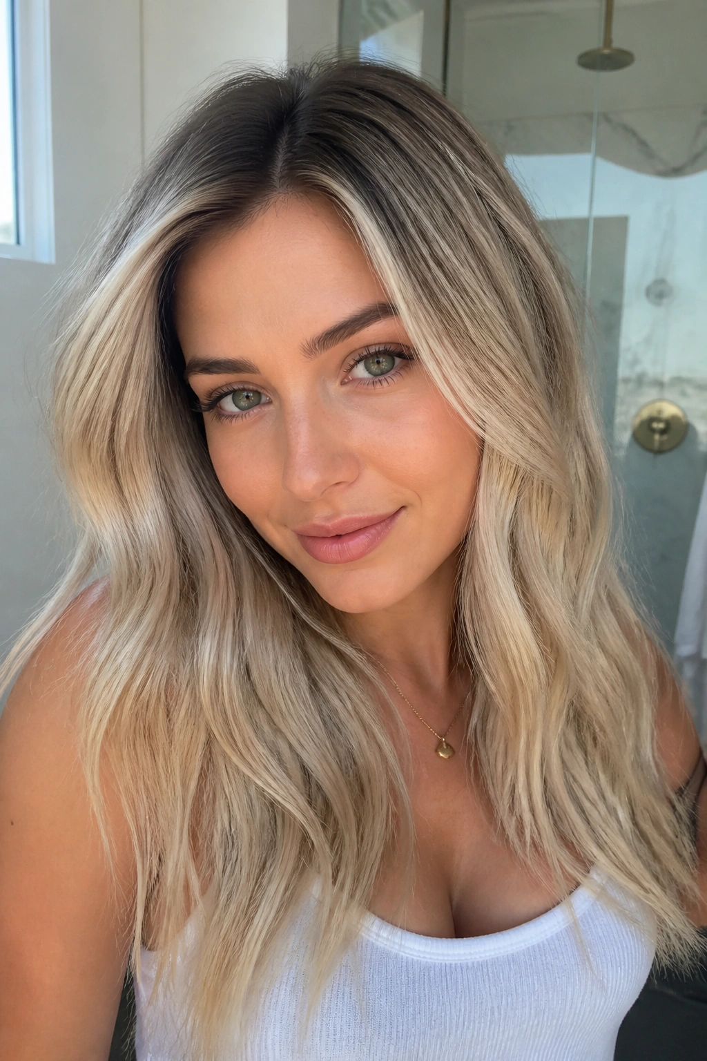 Close-up of a real woman with ash blonde hair and shadow root