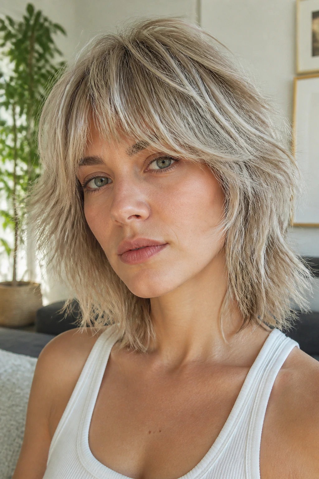 Close-up portrait of a real woman with an ash blonde shag in a bright living room
