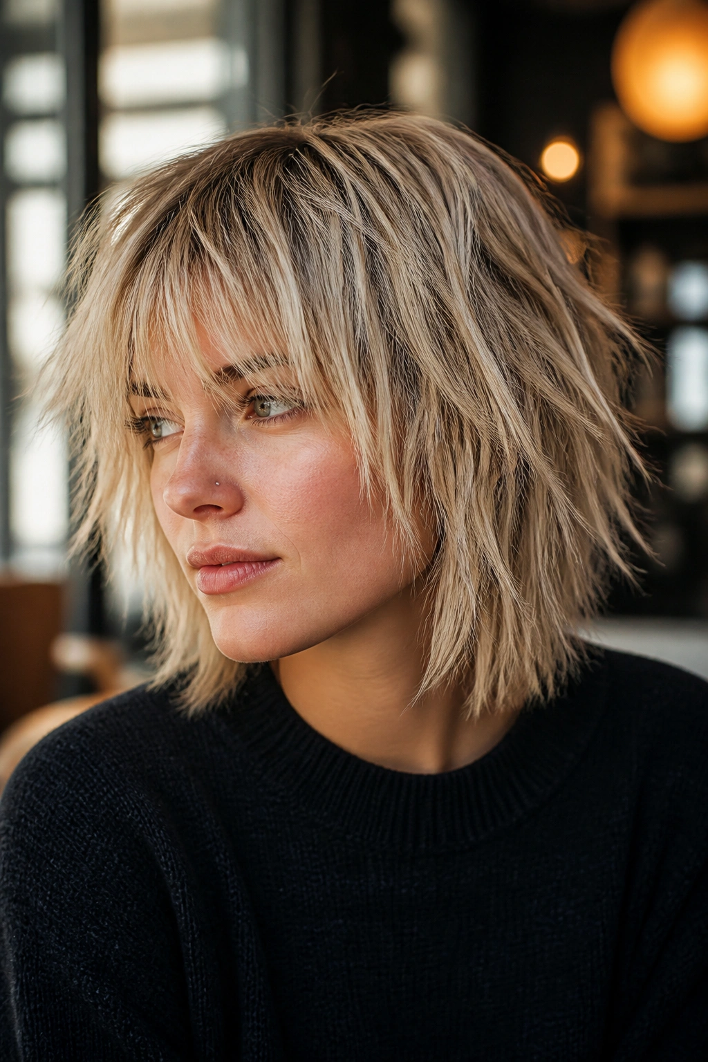 Portrait of a real person with piecey ash blonde shag hairstyle.