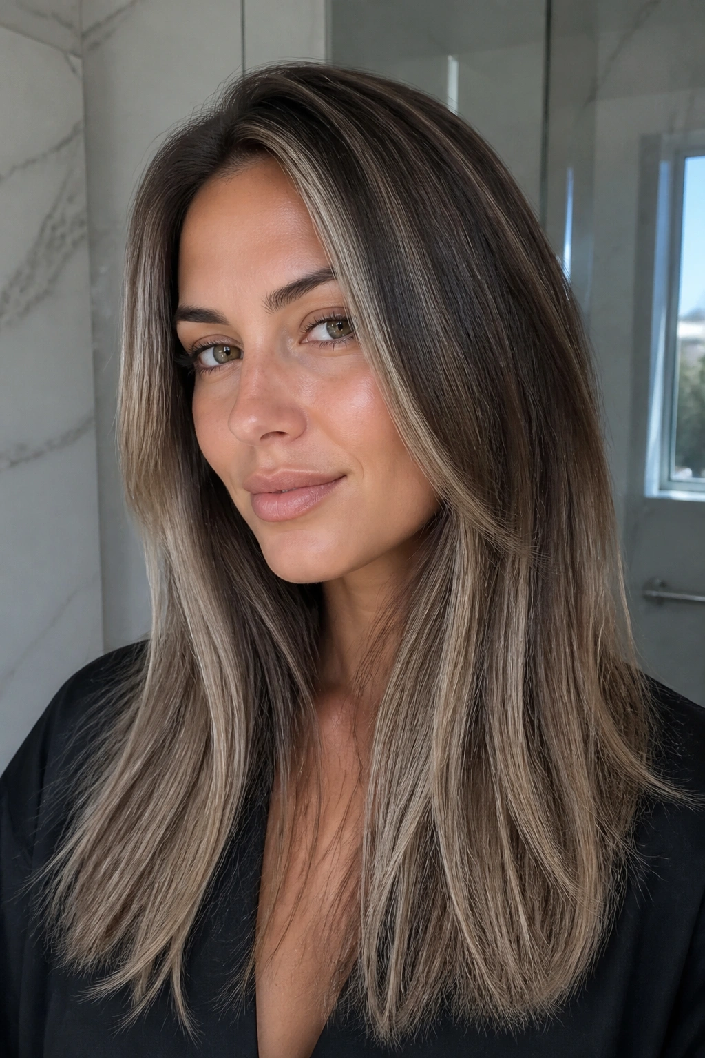 Close-up portrait of a real woman with ash-blonde strips on cool brunette hair