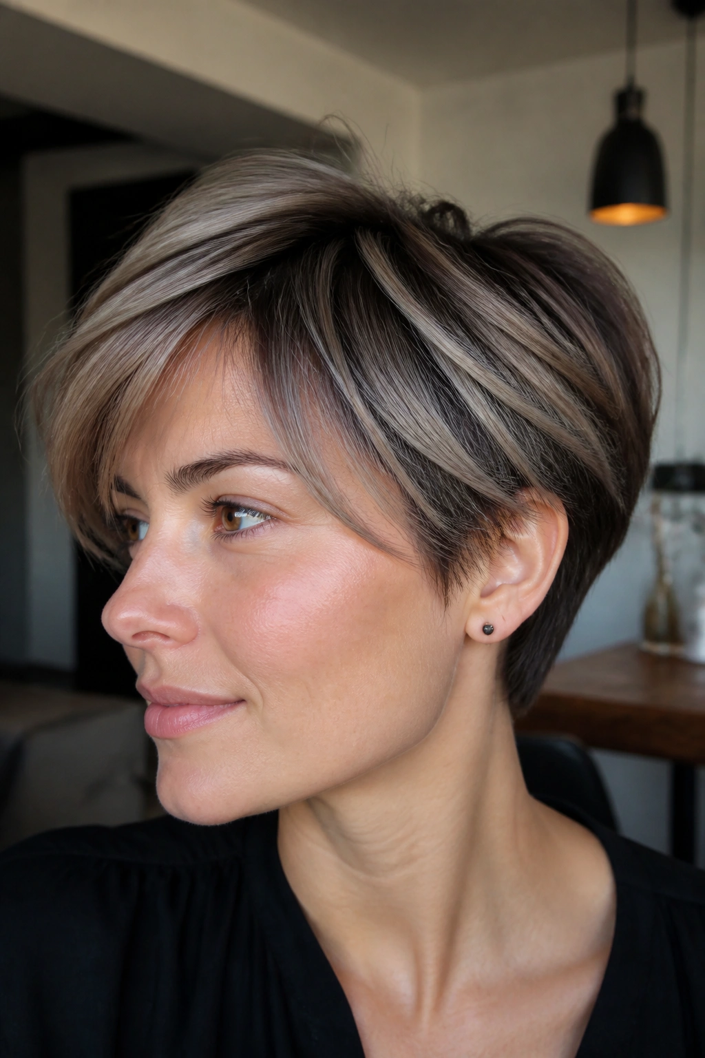 Close-up of a brunette with smoky ash blonde veil highlights.