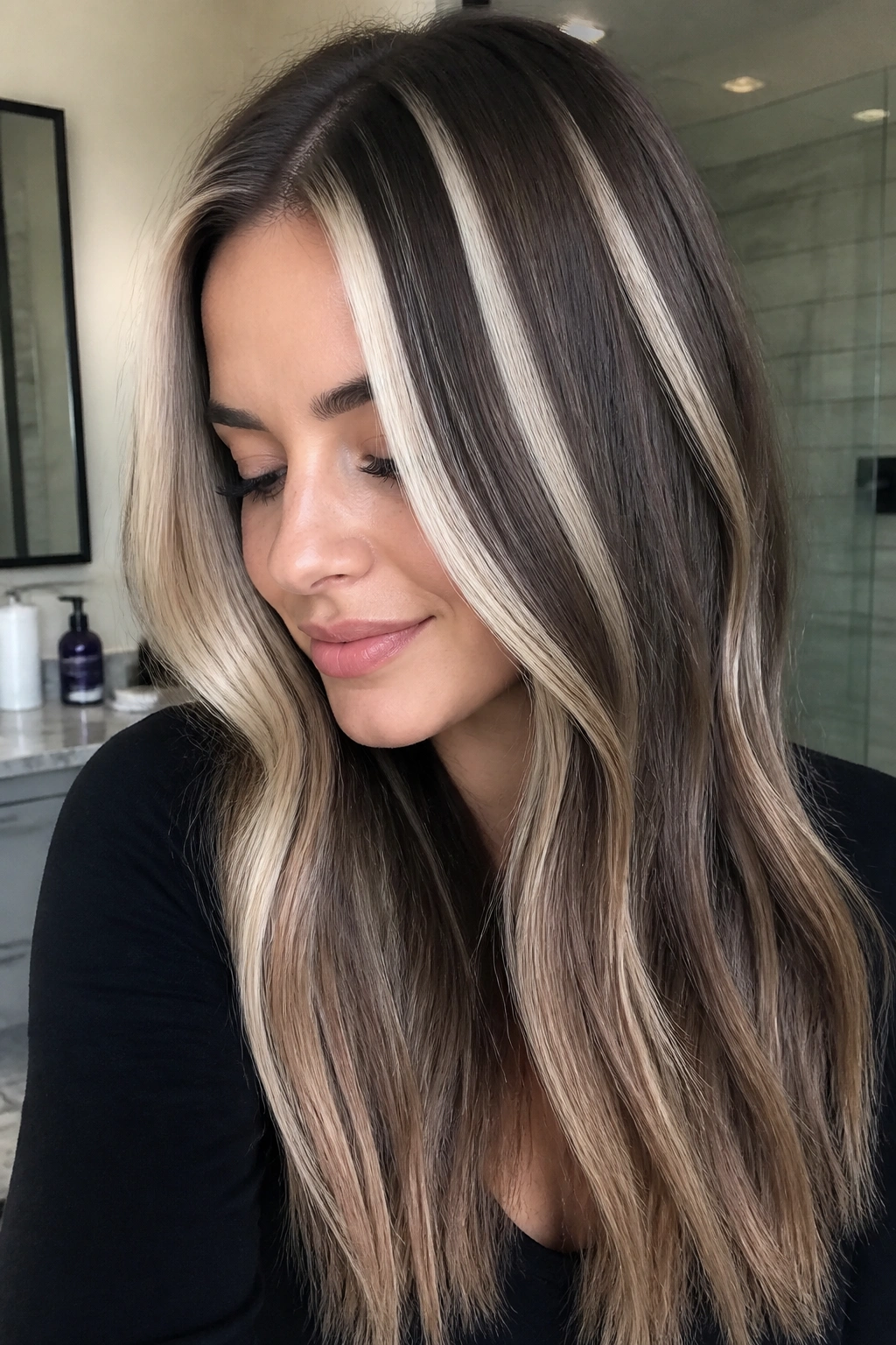 Close-up of a real woman with ash blonde wide slices on cool brunette hair