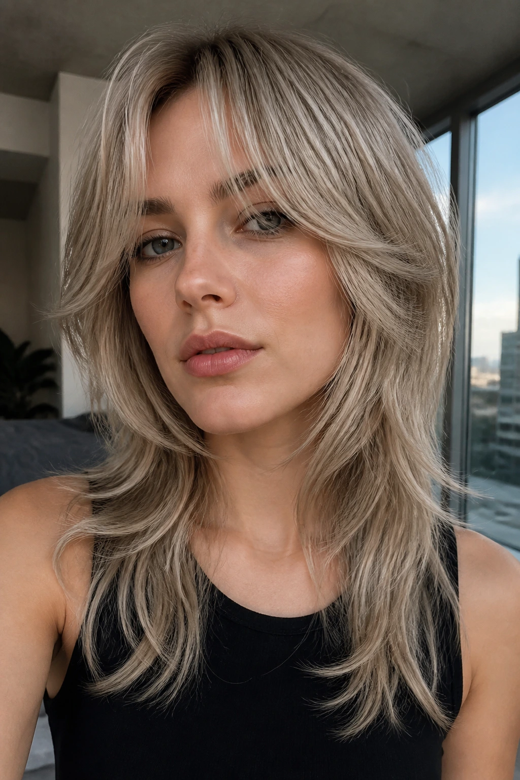 Real person with ash blonde wolf cut and razored face frame in cool light
