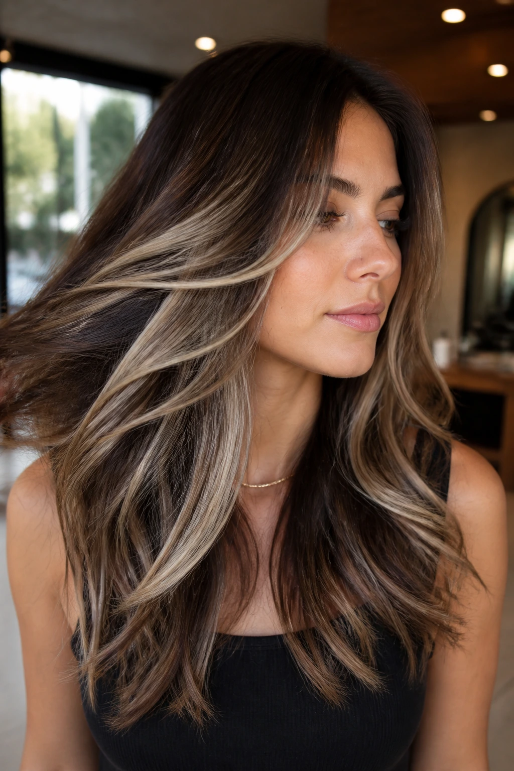Close-up of a real woman showing ash-bronde slices on long layered brown hair in a sunlit salon