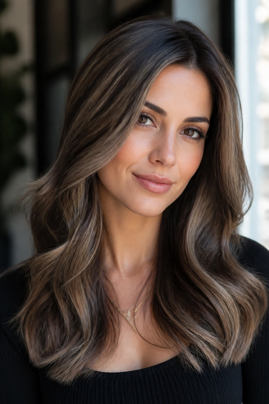 Close-up of a real woman with ash brown babylights for an elegant brunette look