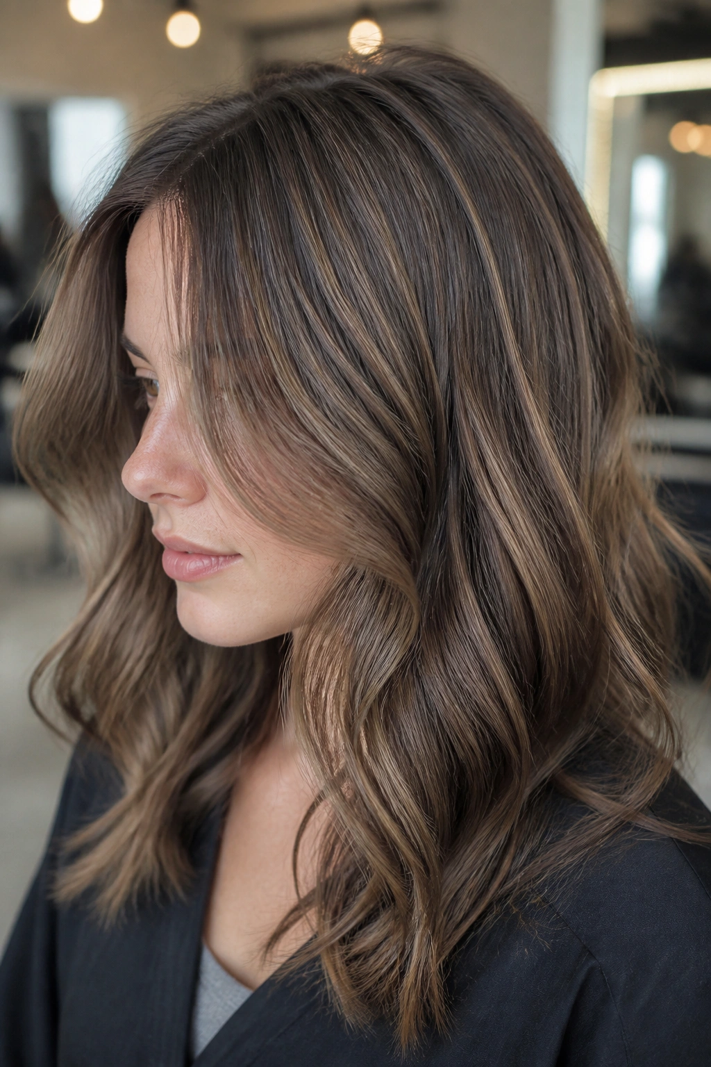 Close-up of fine wavy hair with ash brown babylights on a real person