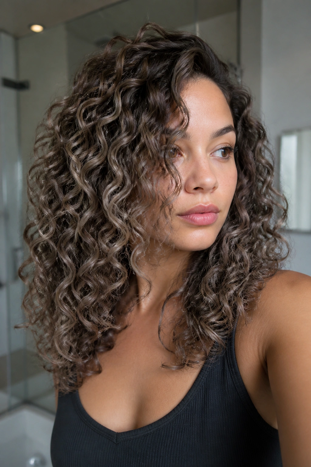 Close-up of a real person with ash brown balayage on curly hair