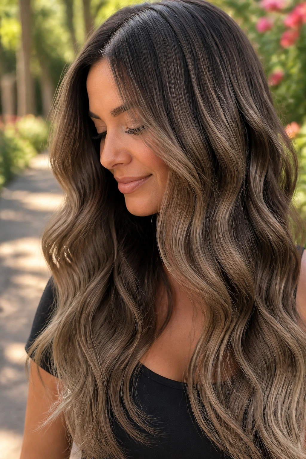 Portrait of a person with ash brown balayage on long waves