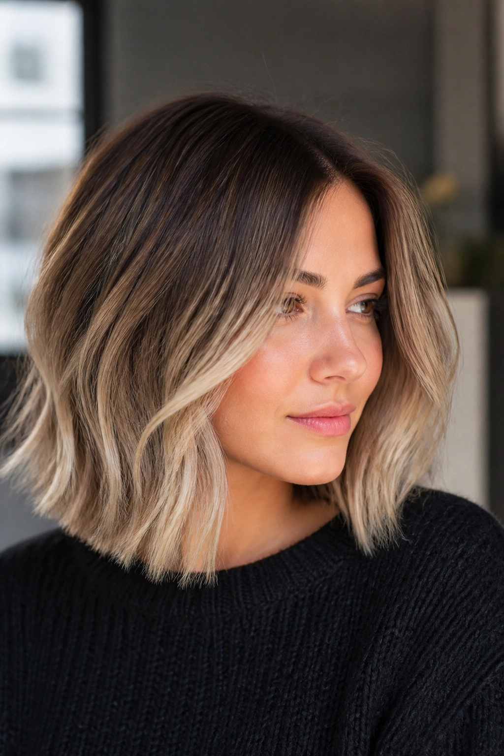 Close-up of ash brown to beige blonde lob on a real person with cool-toned lighting