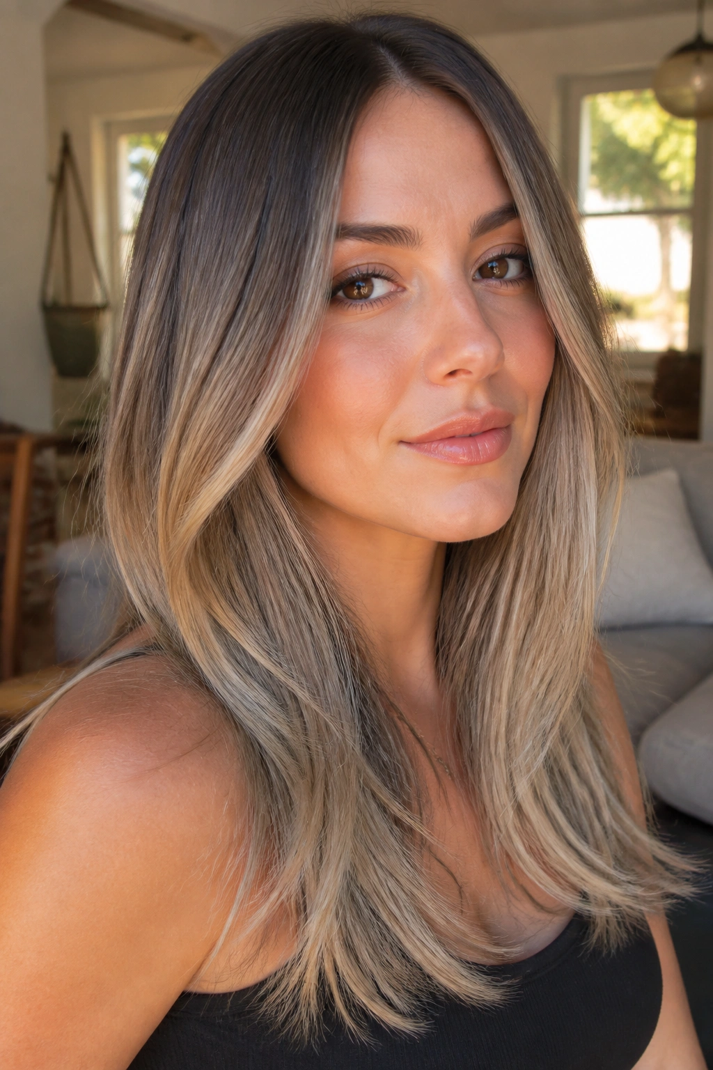 Close-up portrait of a real person with ash brown to beige bronde melt.