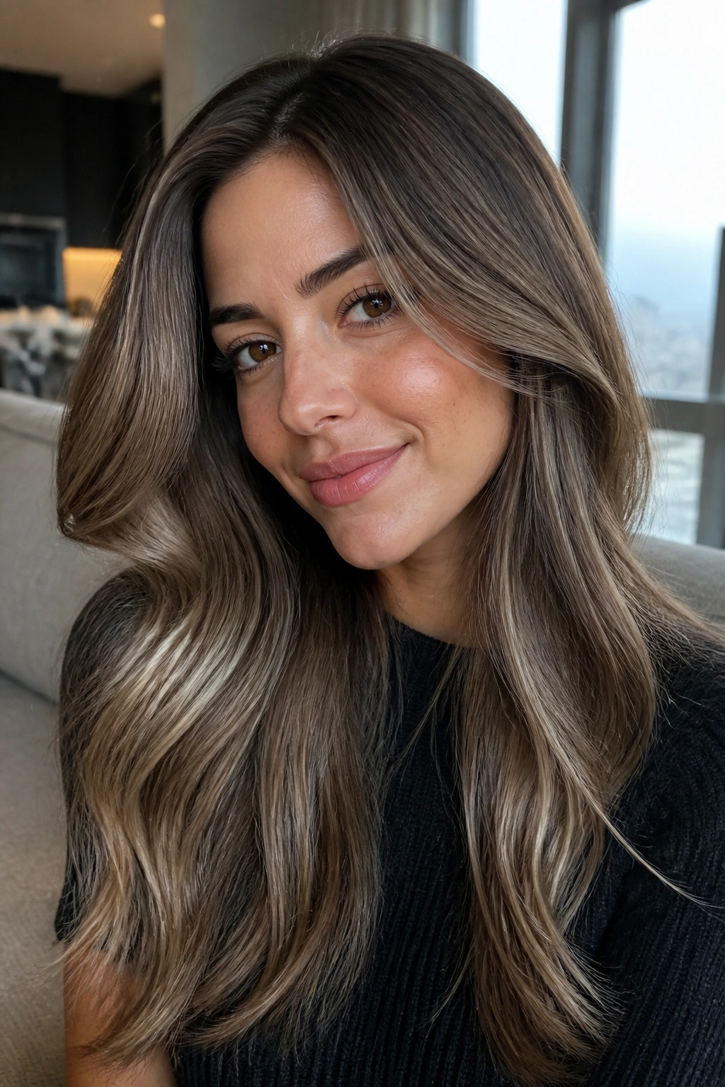 Real woman with ash brown hair and beige lights
