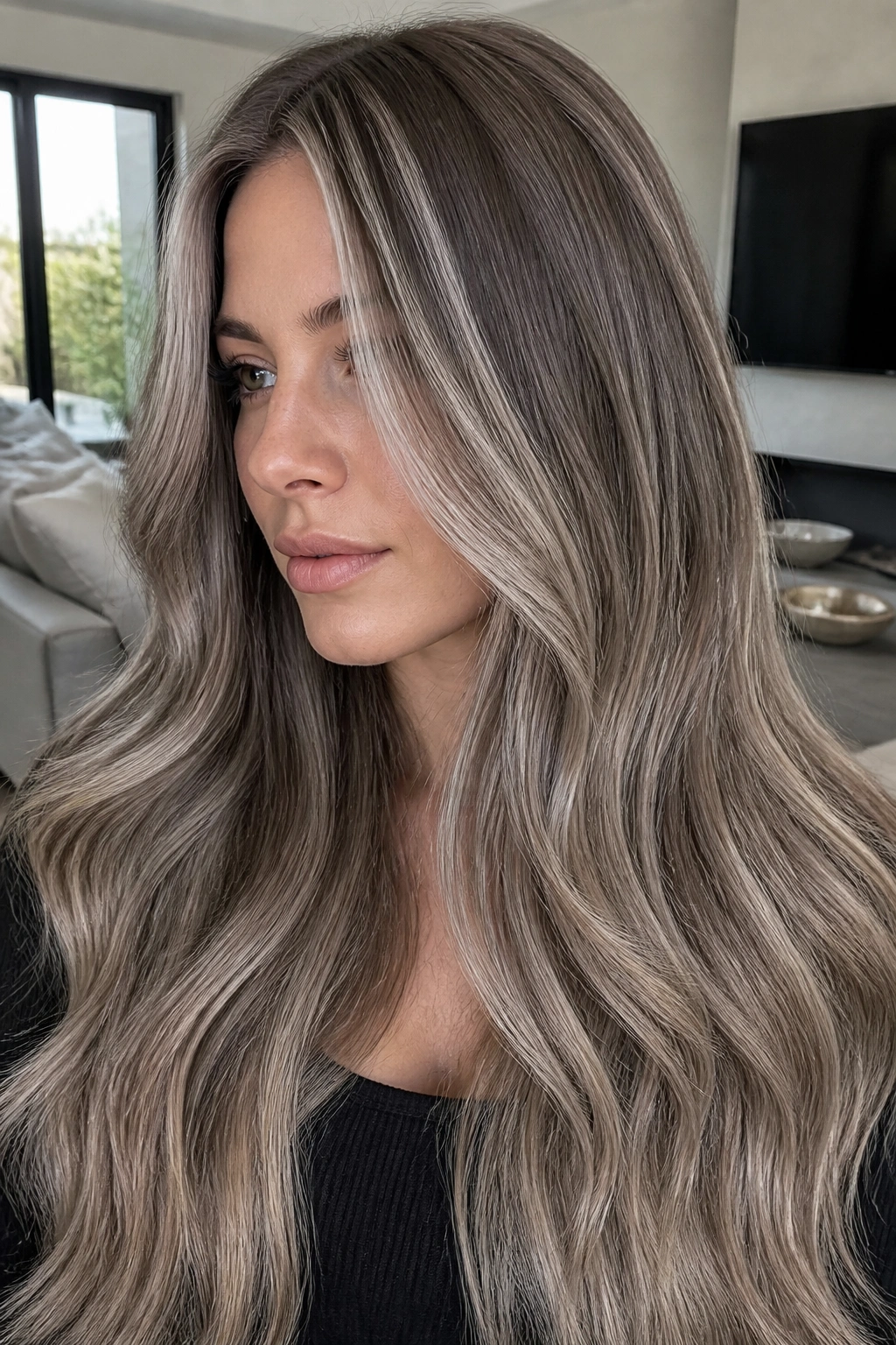 Close-up portrait of long hair with ash brown roots, cool beige body, and silver ribbons
