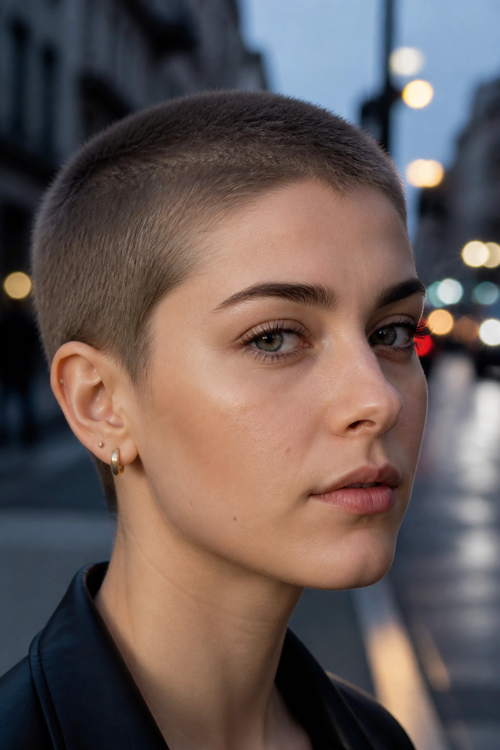 Portrait of a real person with a cool ash brown buzz cut against an urban background