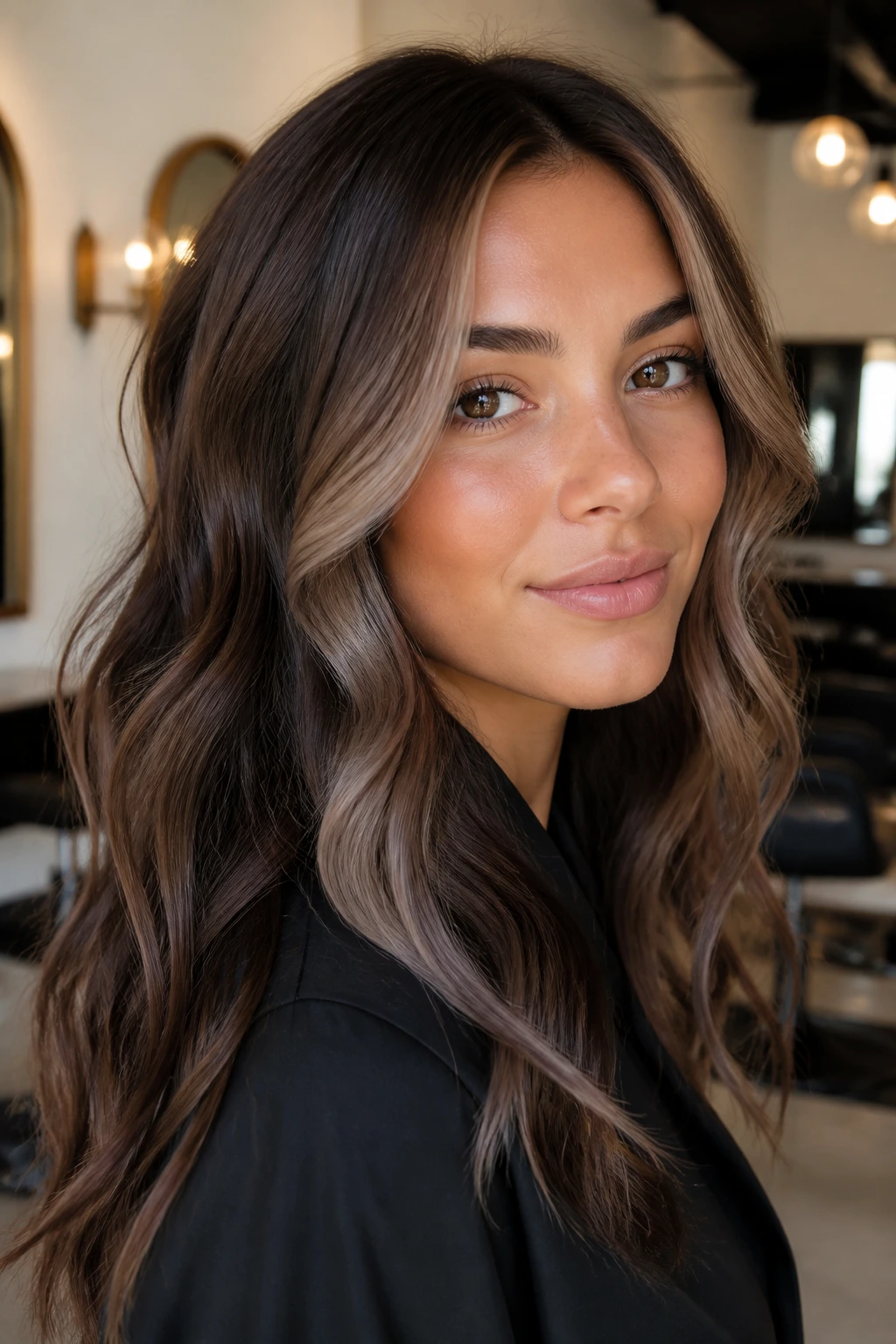 Close-up of a real woman with ash-brown contour pieces framing her face on wavy hair.