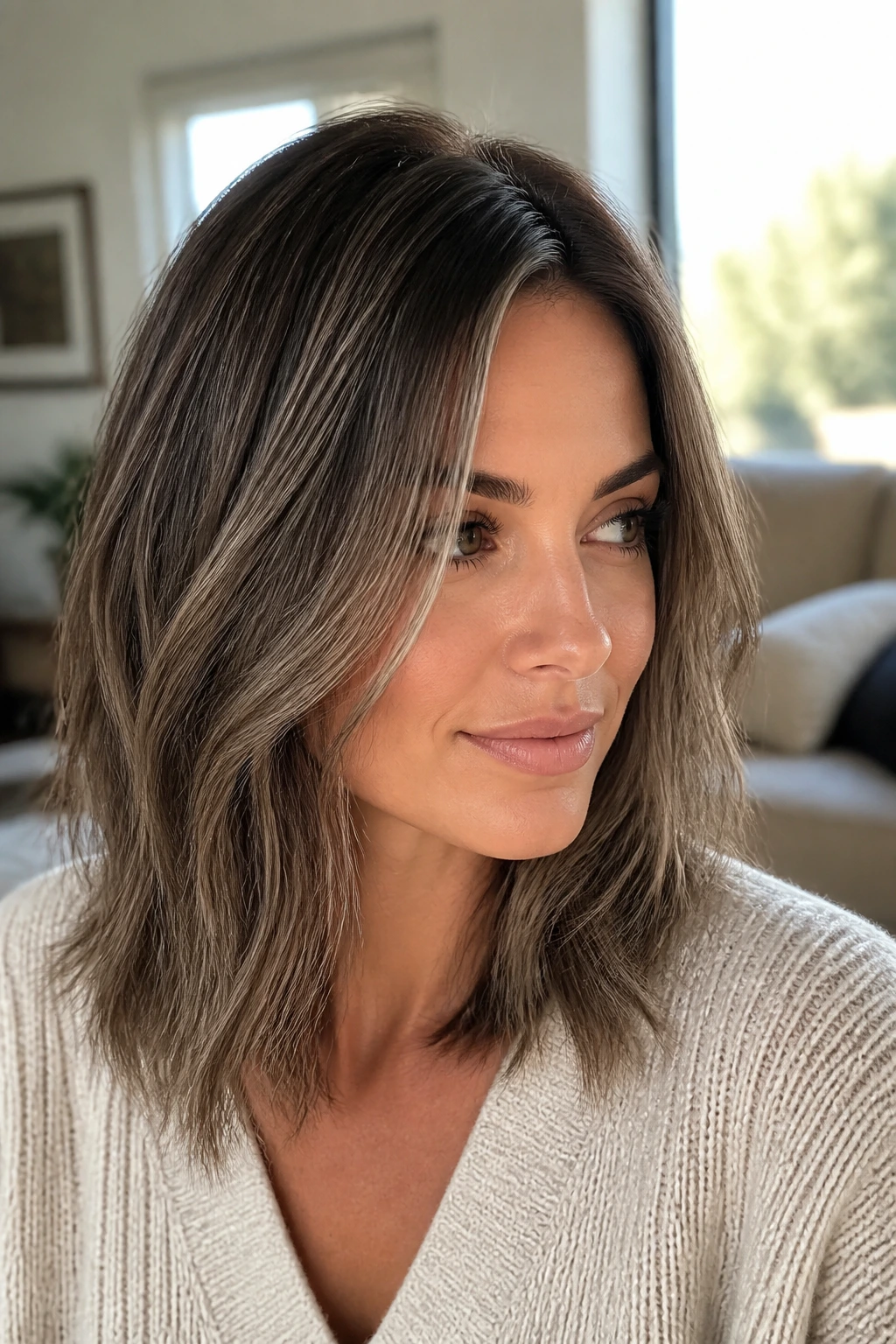 Close-up portrait of ash brown hair with subtle cool lowlights on a real person