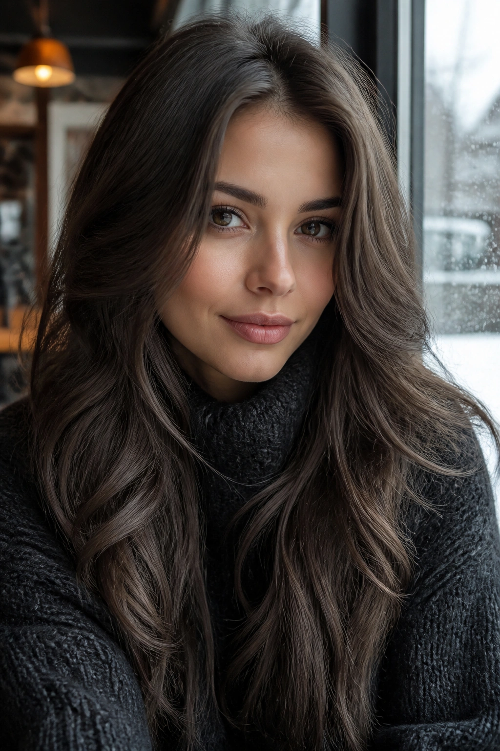 Close-up portrait of brunette wearing Ash Brown cool-toned hair