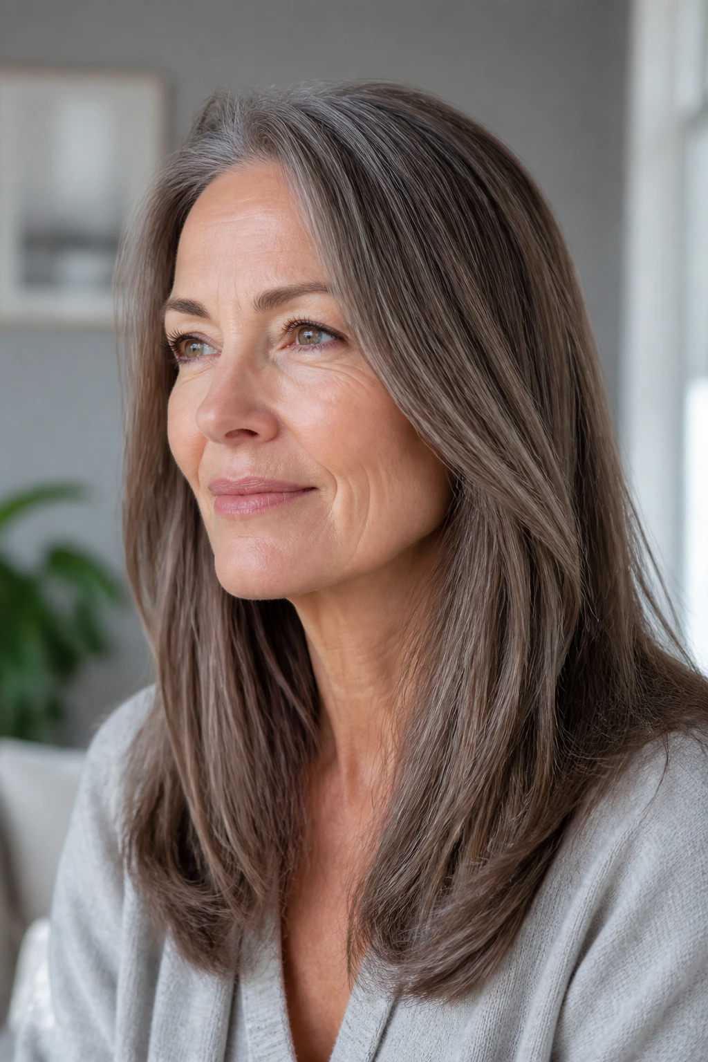 Close-up of a real woman with ash brown hair and subtle silver highlights in natural light