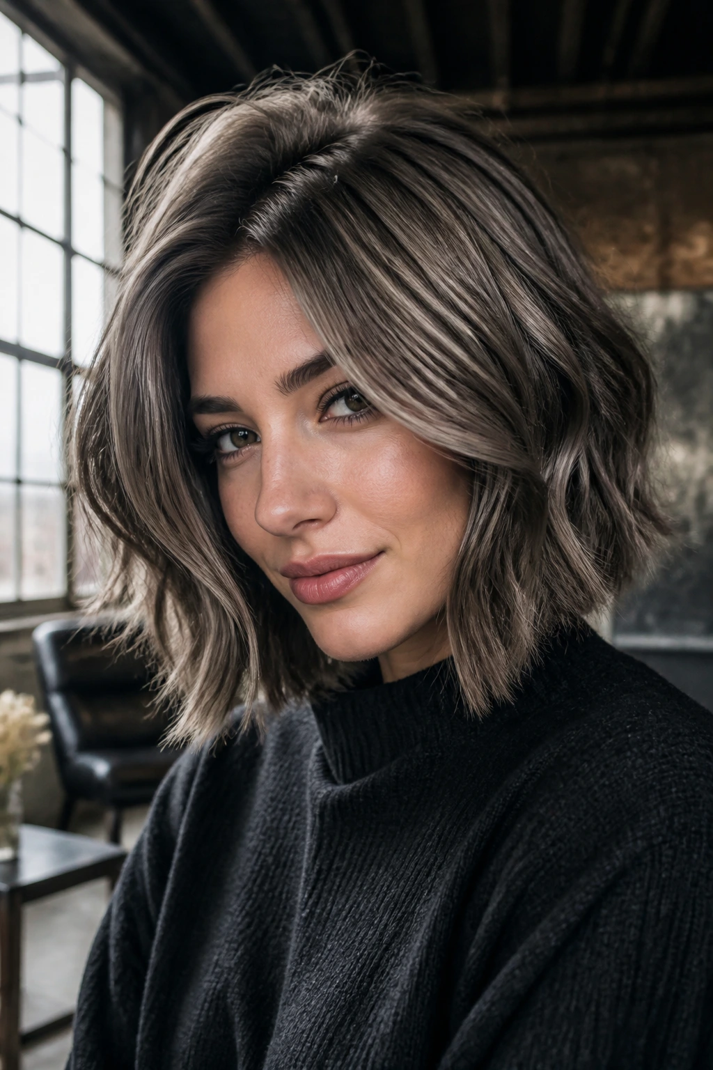 Close-up portrait of a real woman with ash brown smoke hair