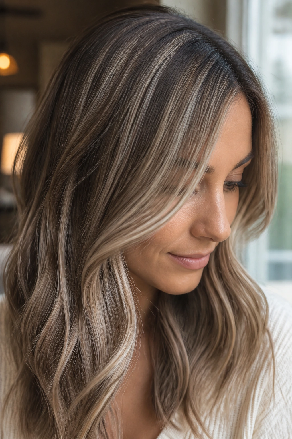 Close-up portrait of a real woman with ash brown babylights on fine hair by a sunlit window