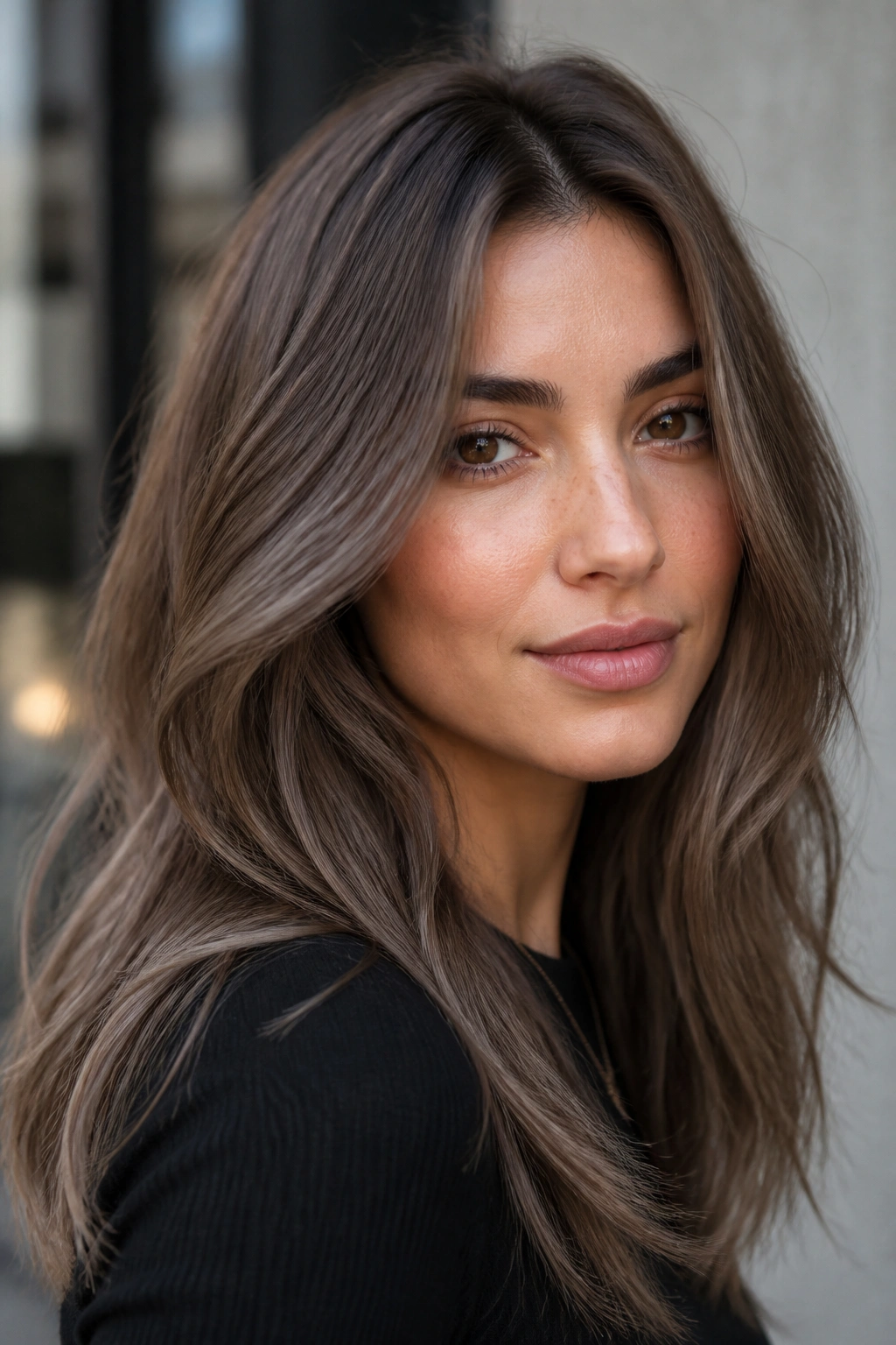 Close-up of a real woman with ash brown hair in cool tones with warm-root balance