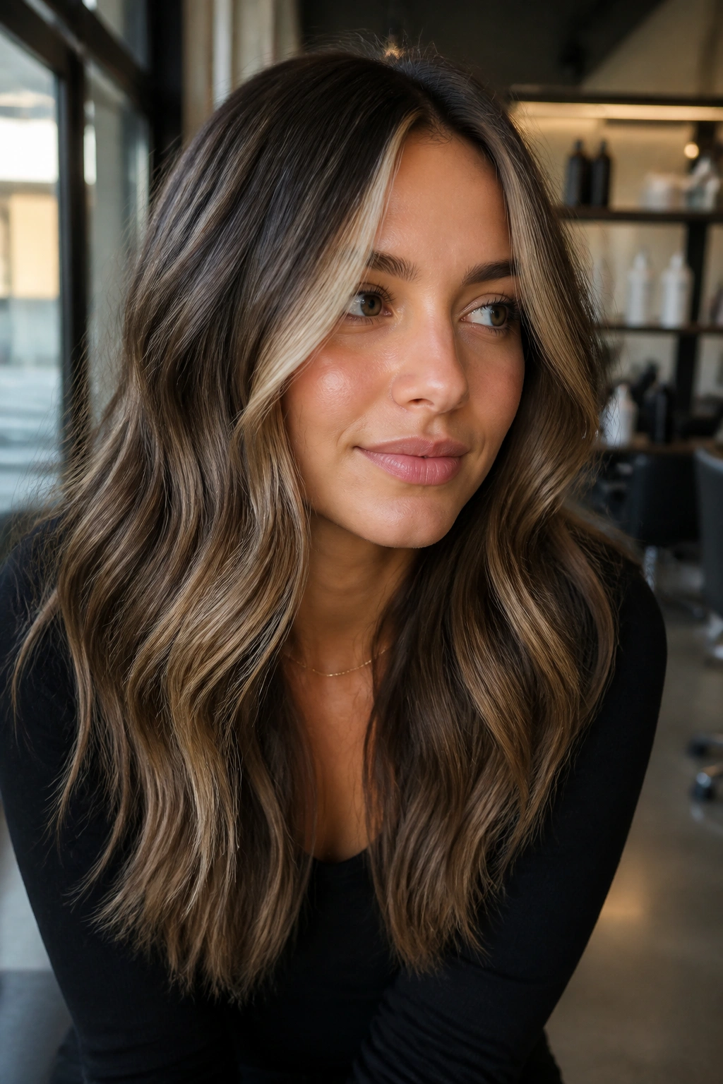 Close-up of ash brown hair with beige caramel highlights on a real person in a salon