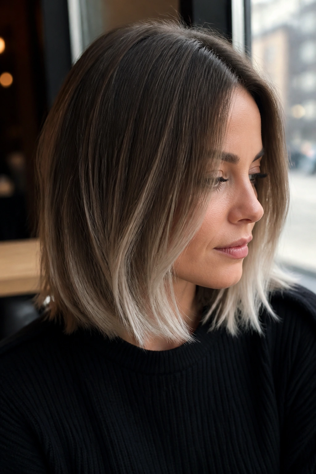 Close-up of a real person with an ash brown lob and frosted ends