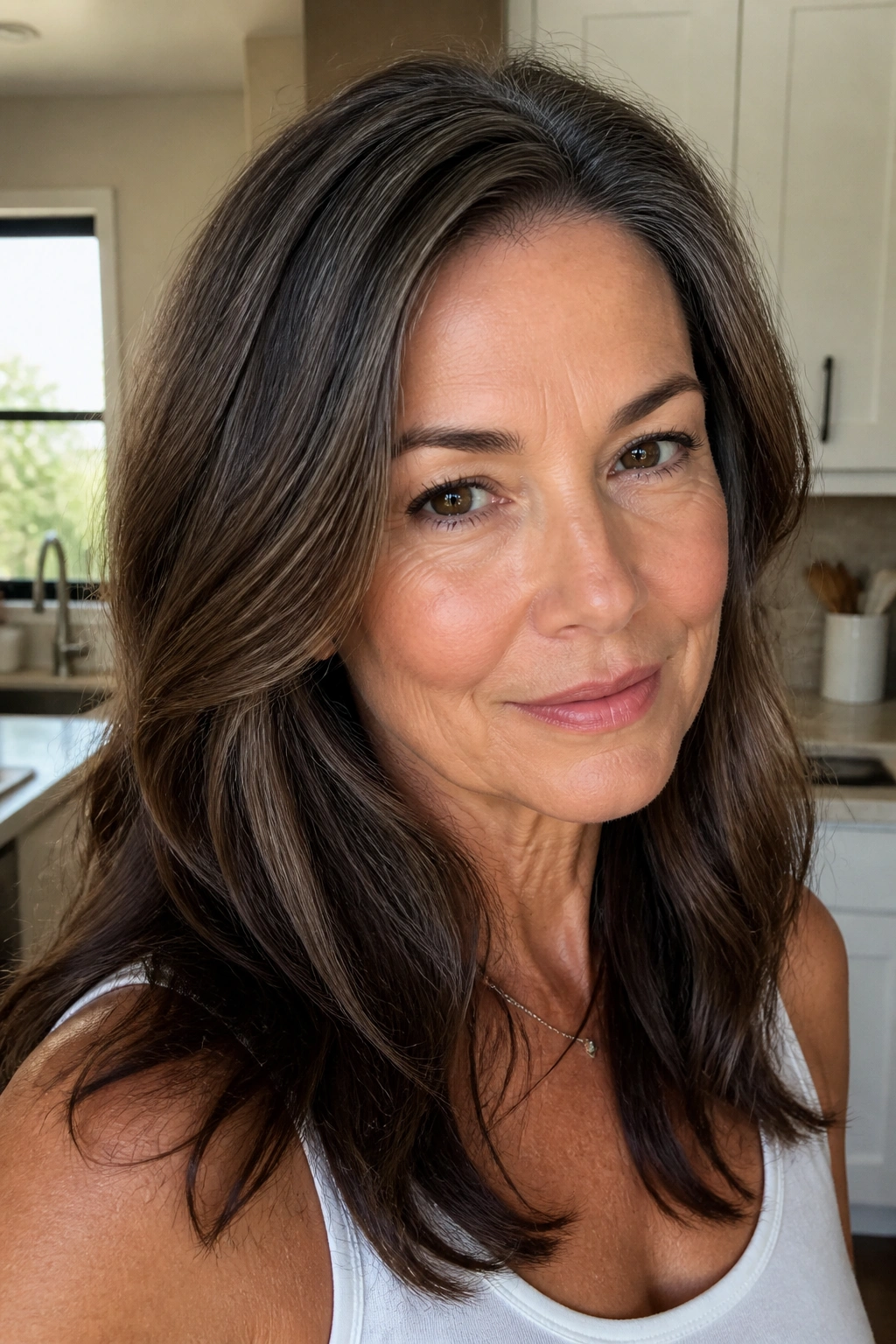 Close-up of a real woman with ash brown lowlights in brunette base