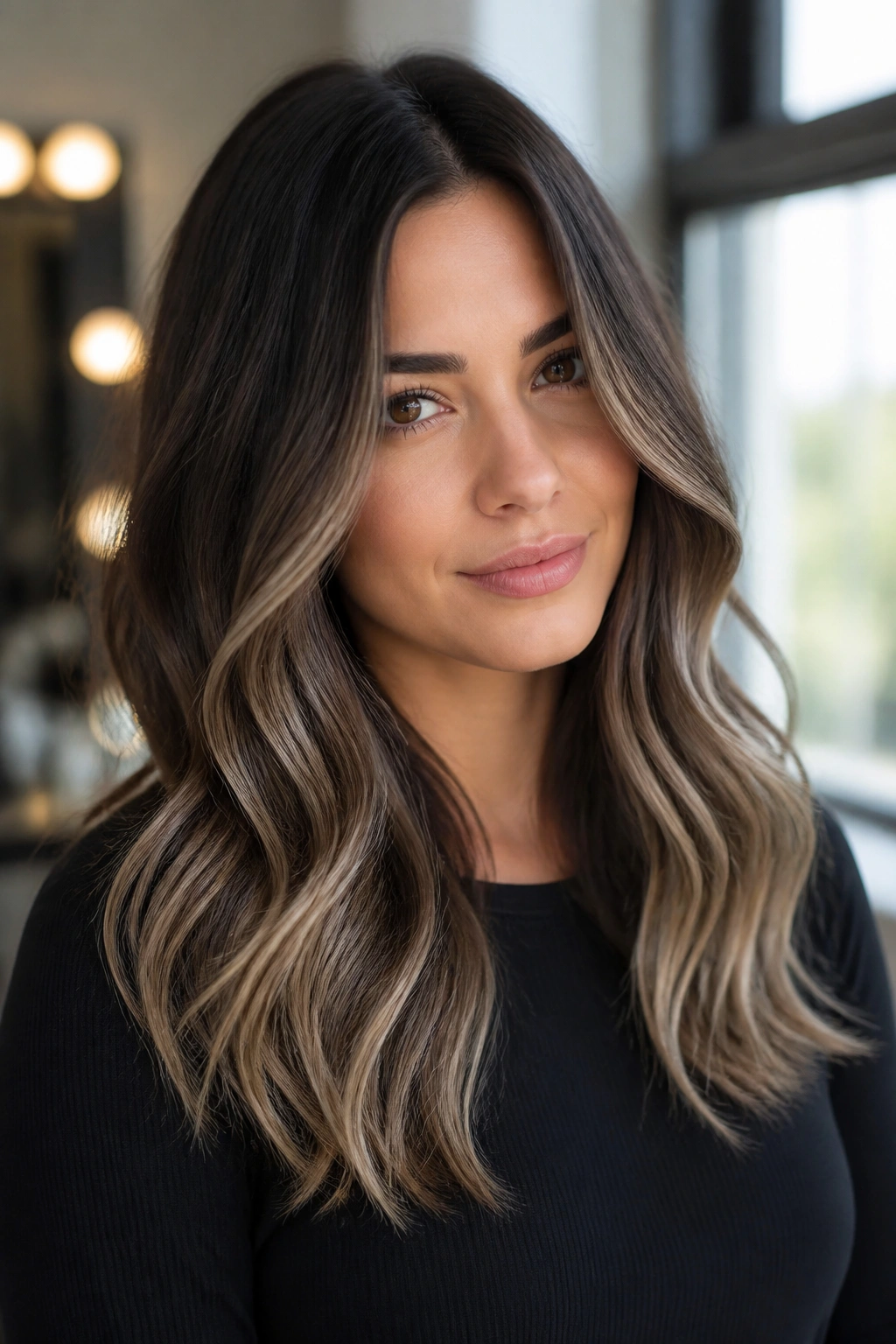 Close-up of real woman with brunette-to-ash-brown ombre hair by natural window light