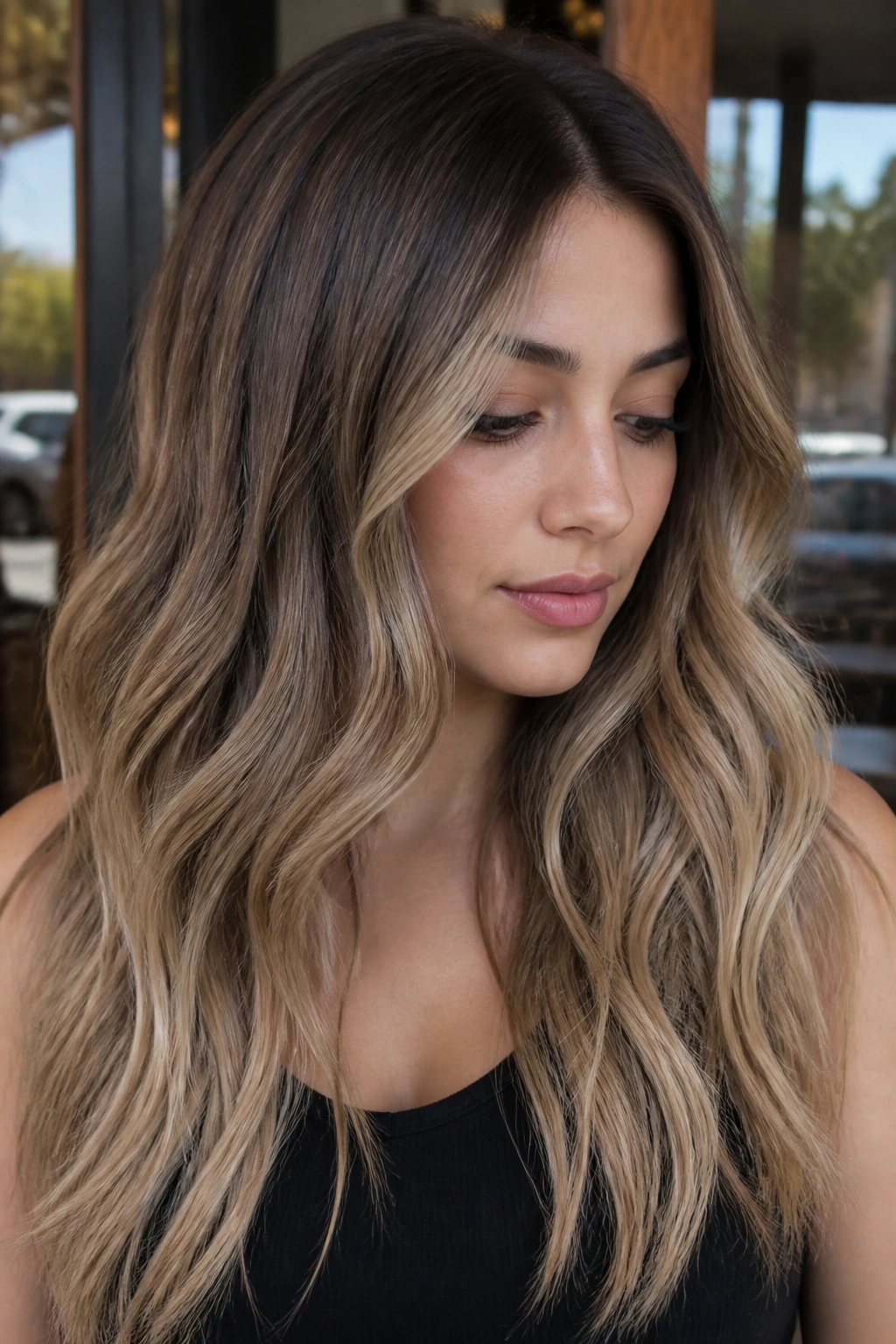 Close-up of ash brown ombré with shadow root on a real woman in an outdoor cafe setting.