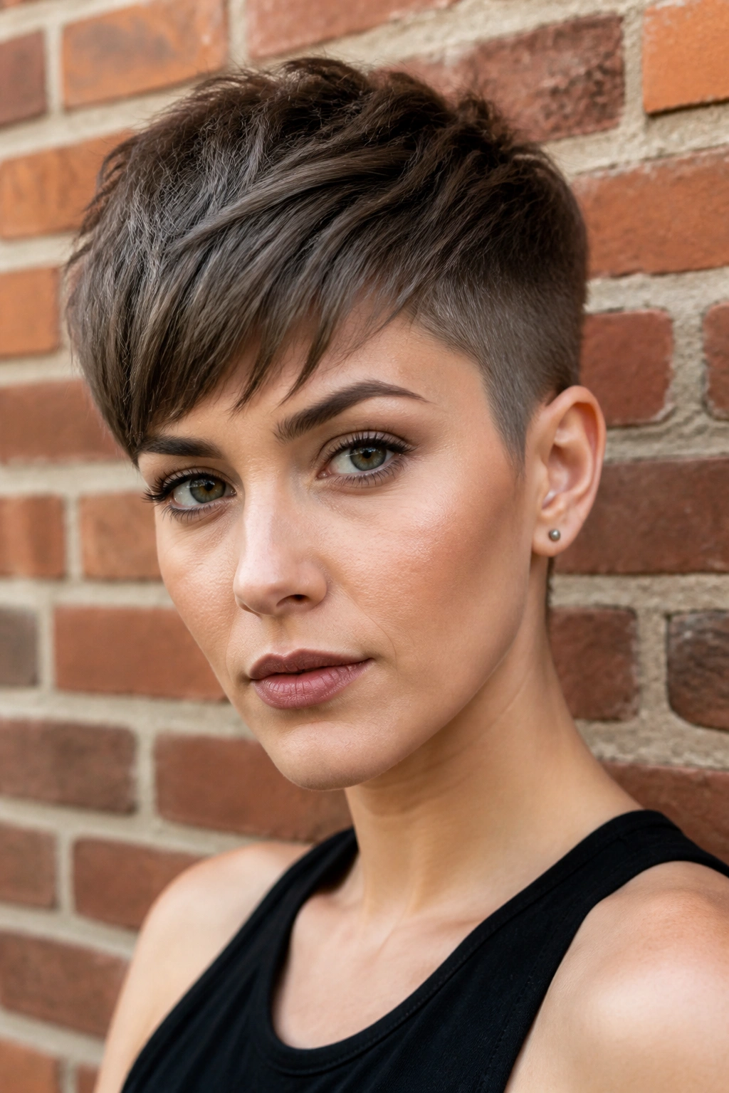 Close-up of a real woman with ash brown undercut pixie against brick wall daylight