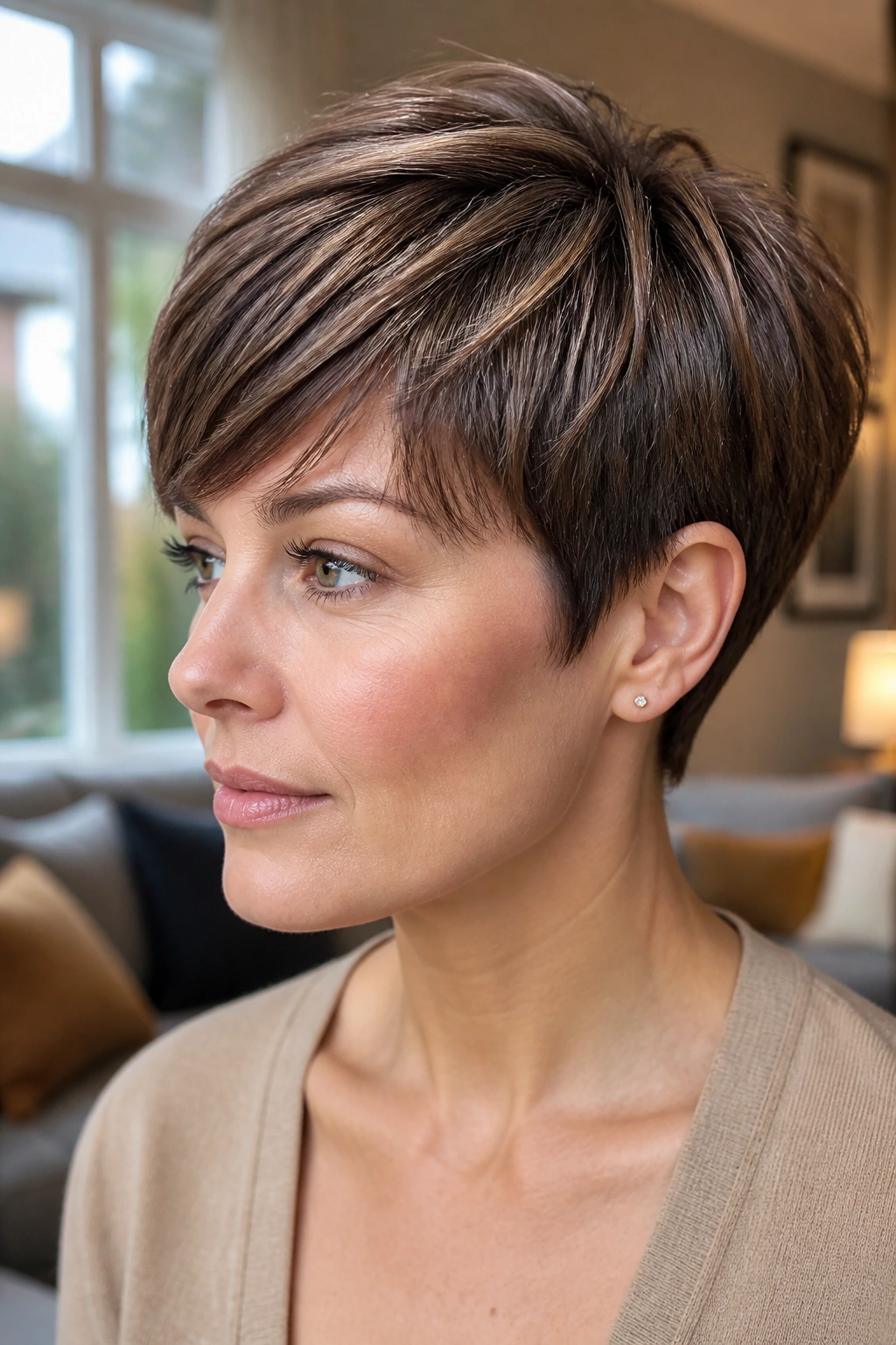 Close-up portrait of a real woman with glossy ash brown pixie and hidden highlights in a warm living room.