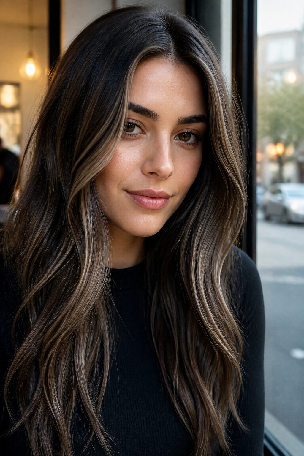 Brunette with ash brown ribbons for cooler brunette tones in natural light