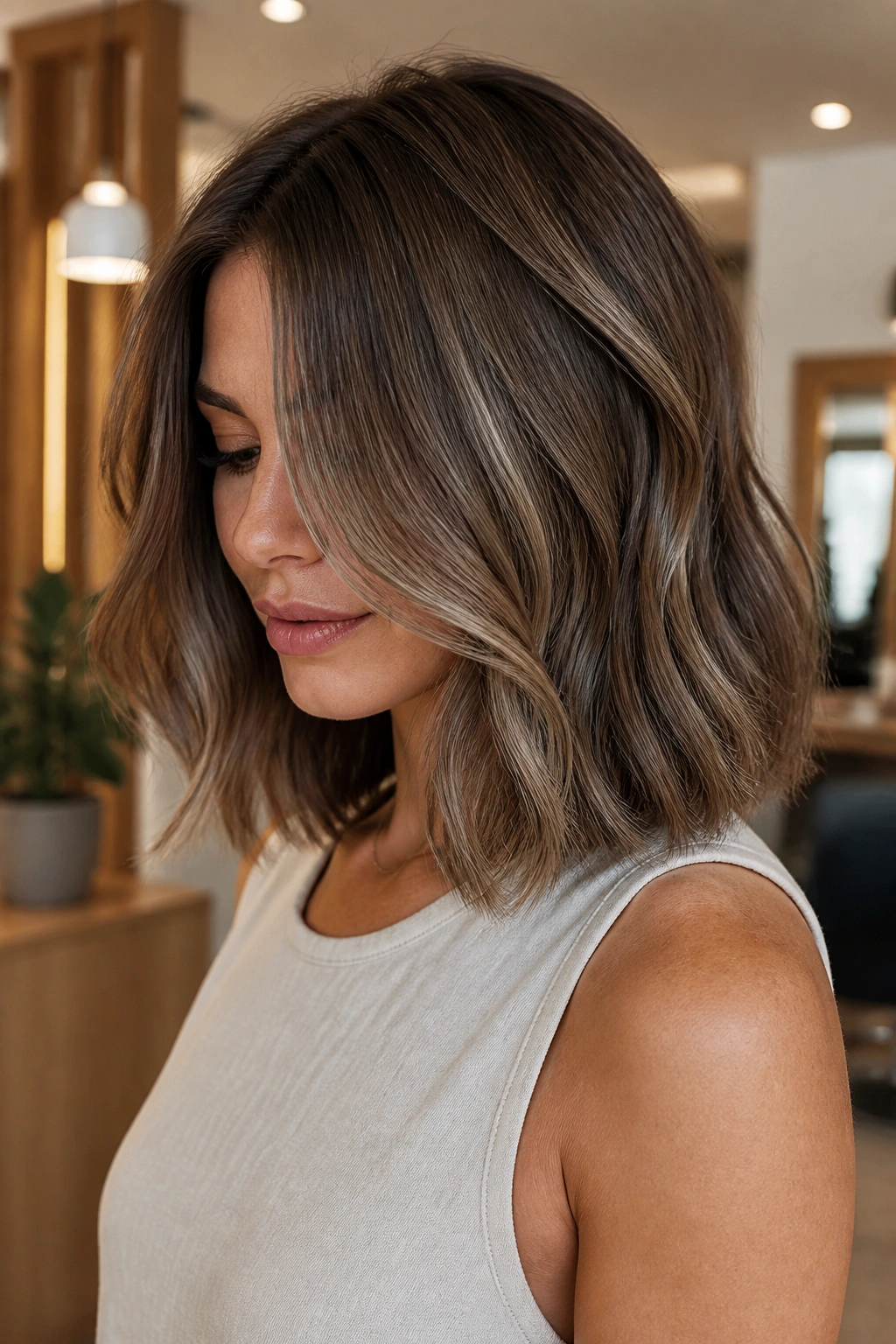 Close-up of a real woman with ash brown ribbons providing a cool-toned dimension