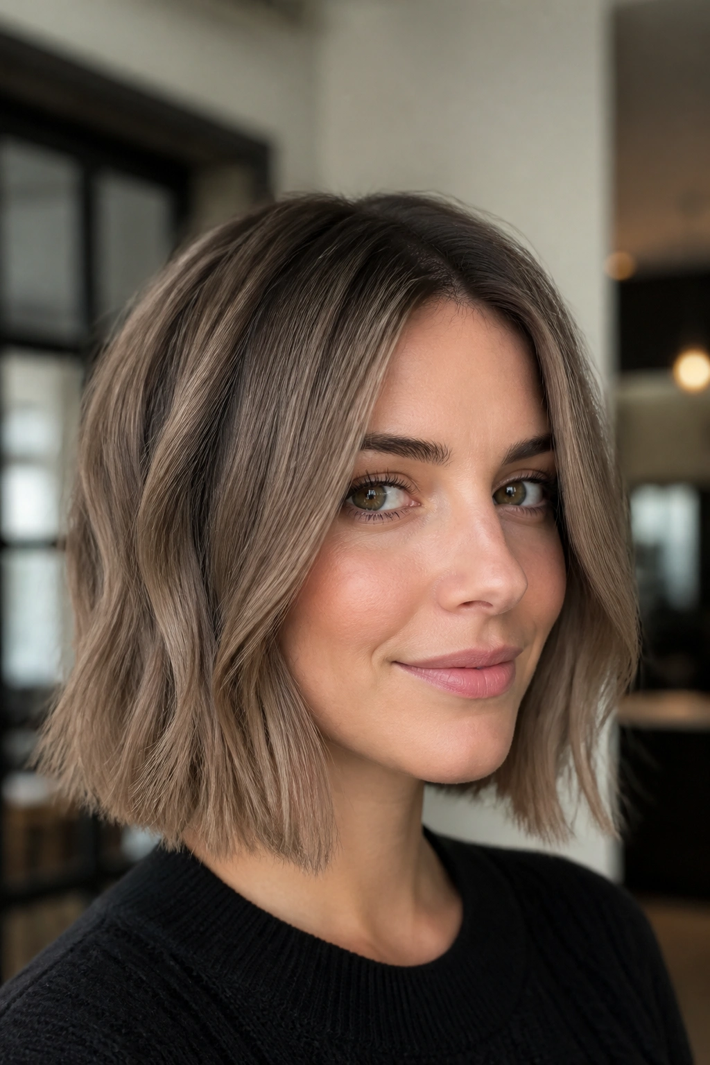 Close-up of a real woman with ash brown hair and shadow roots in a lob