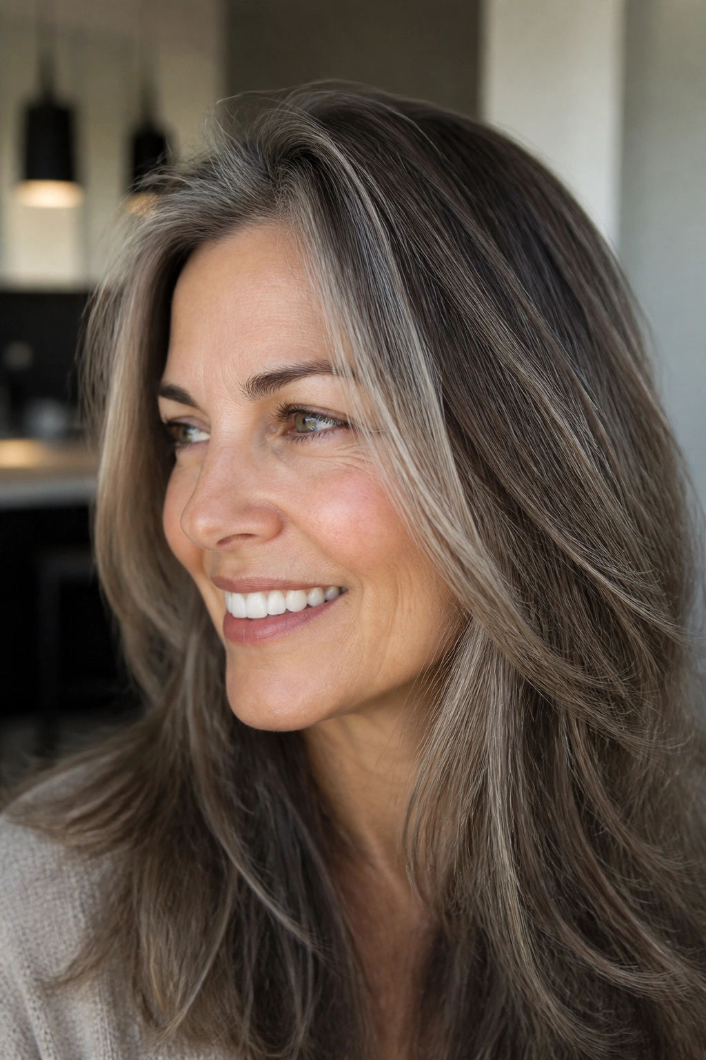 Close-up portrait of a woman with cool ash brown hair and silver blending