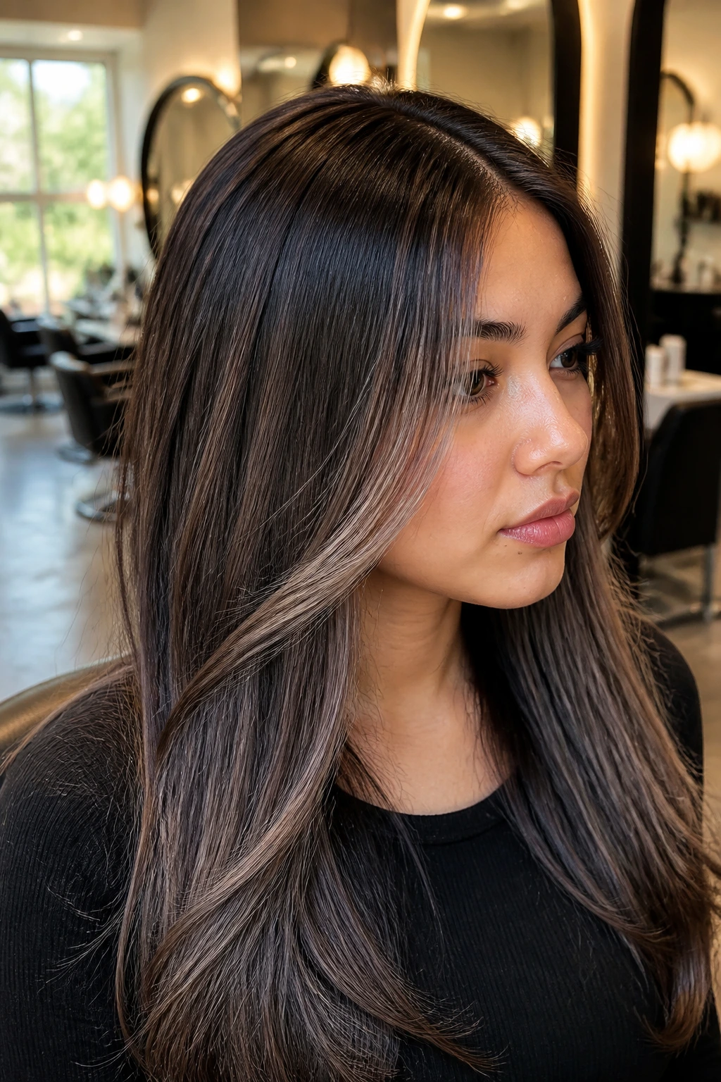 Close-up of ash-brown weave highlights in dark brown hair.