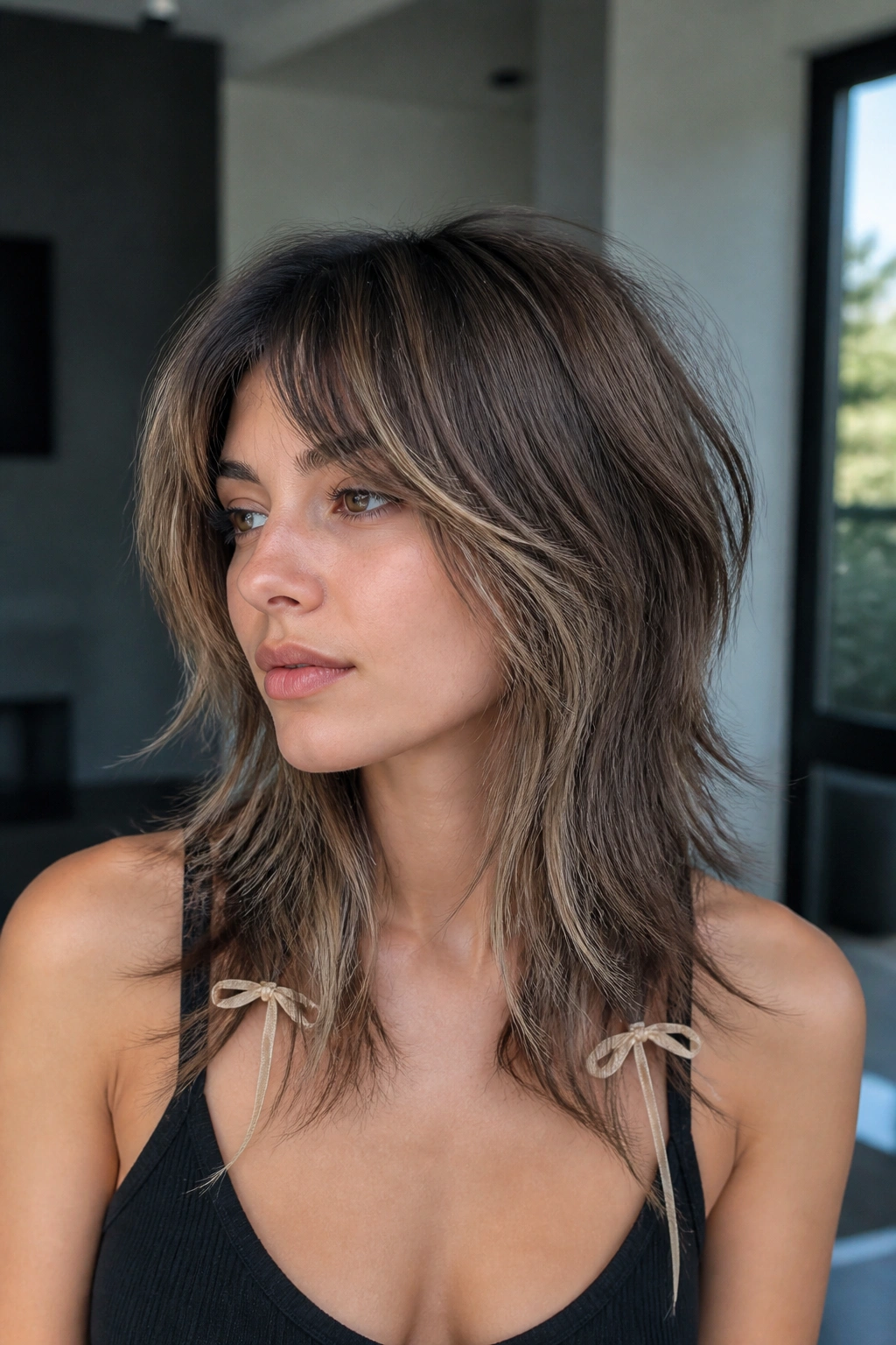 Close-up portrait of a real woman with ash brown wolf cut and beige ribbons.