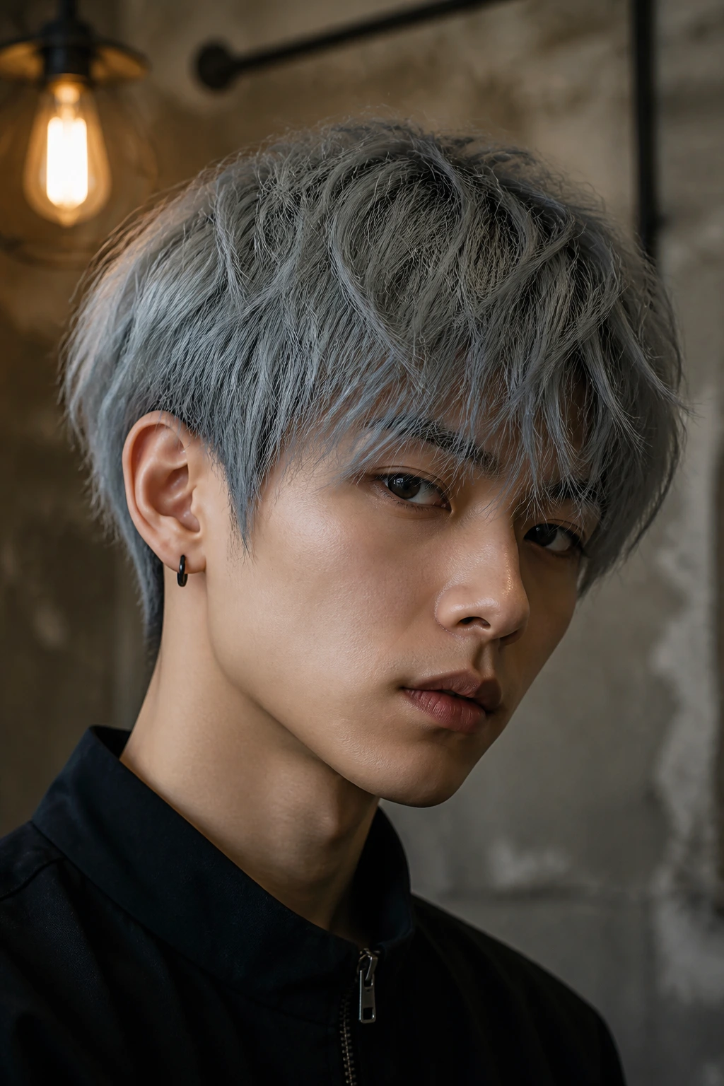 Close-up portrait of a real person with ash gray hair filling the frame