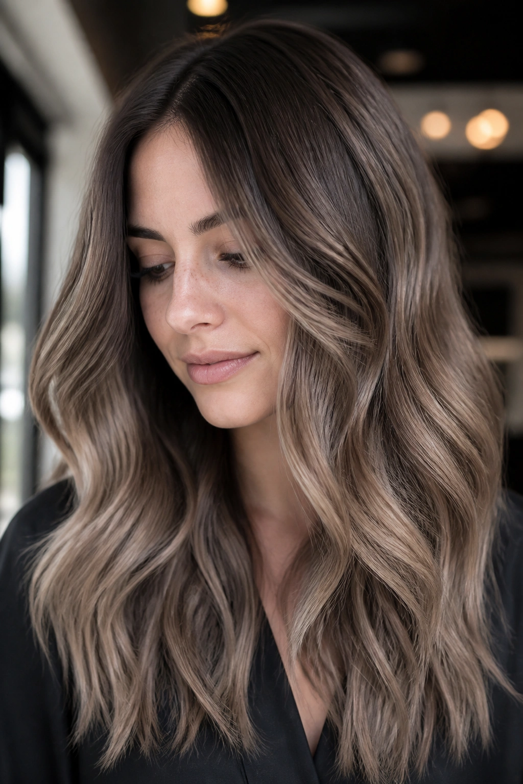 Close-up portrait of a real woman showing ash mocha balayage with cool ash brown tones