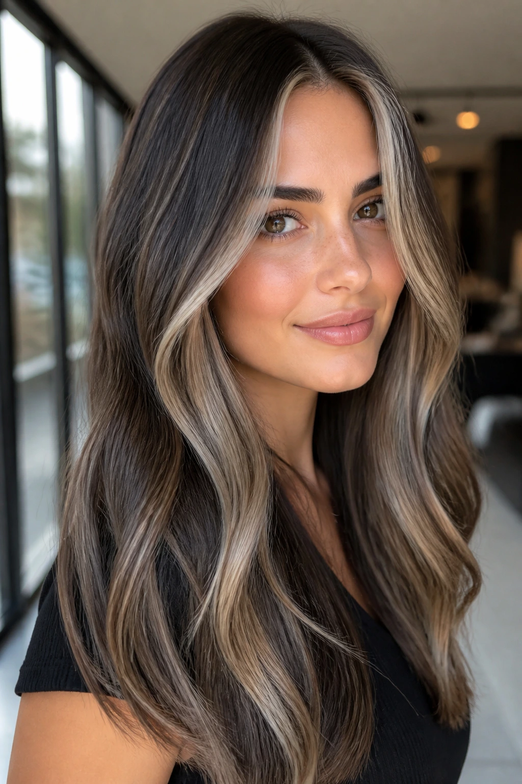 Portrait of cool brown hair with ash blonde panels on a real person.