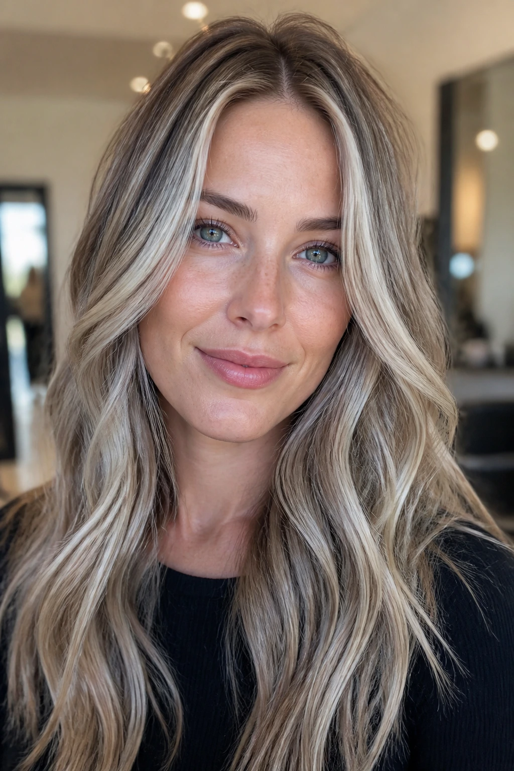 Close-up of a real woman showing ash pearl ribbon highlights in top hair layers.
