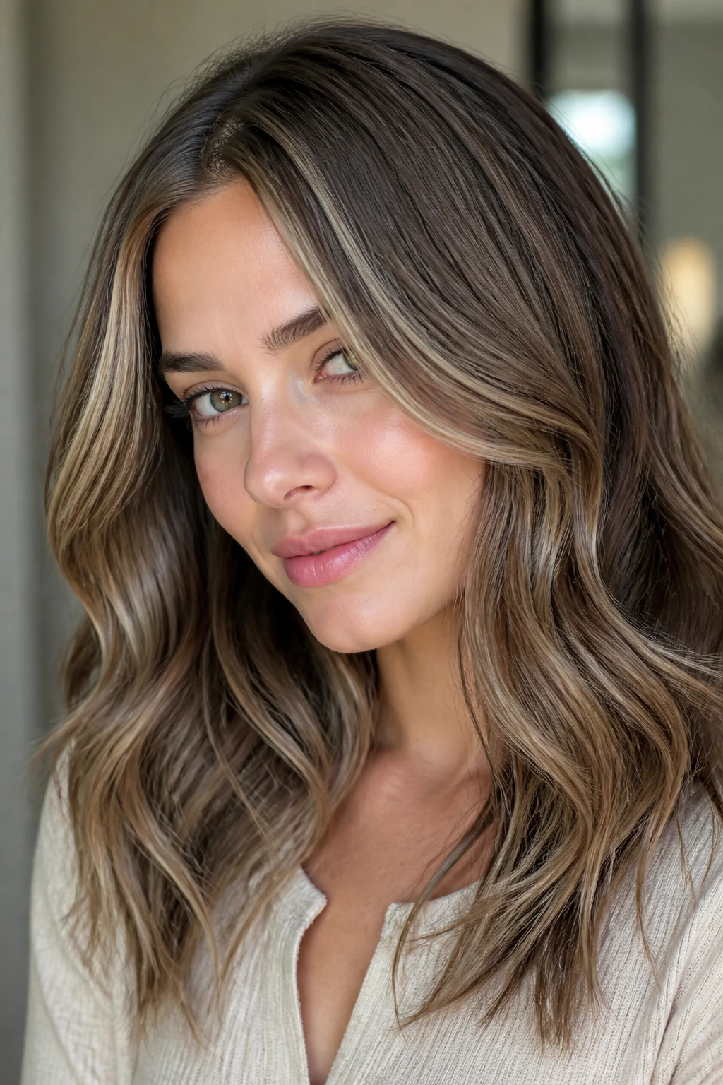 Close-up of a real woman with ash-platinum babylights on brown hair