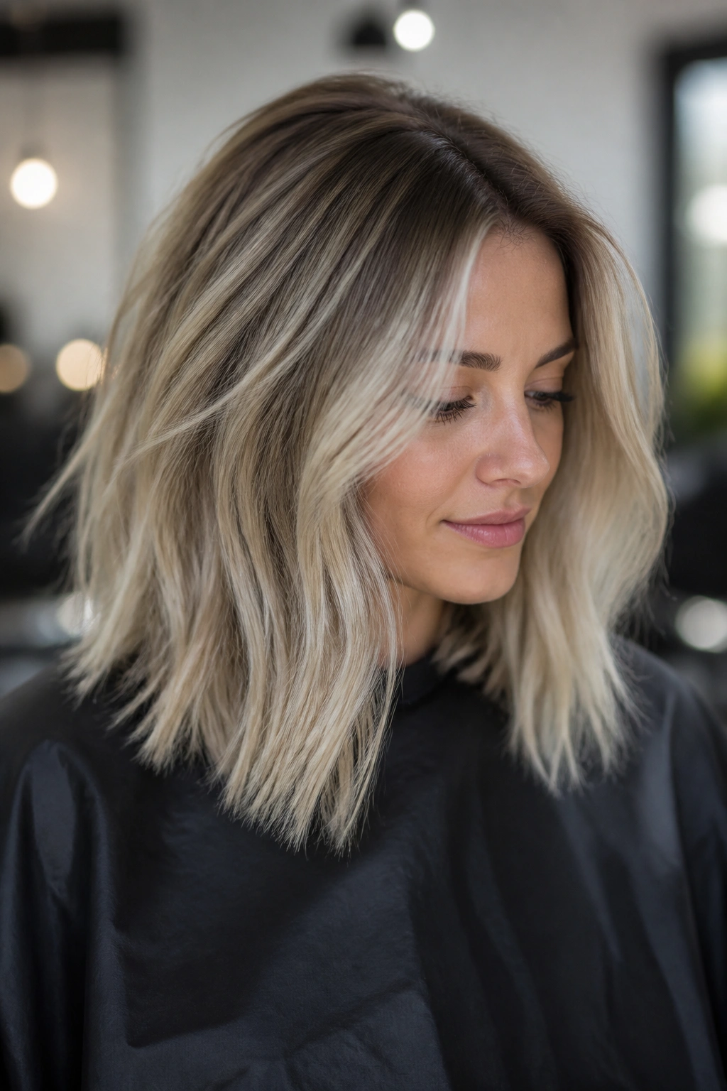 Close-up of ash-root dirty blonde on a real person with cool-rooted hair