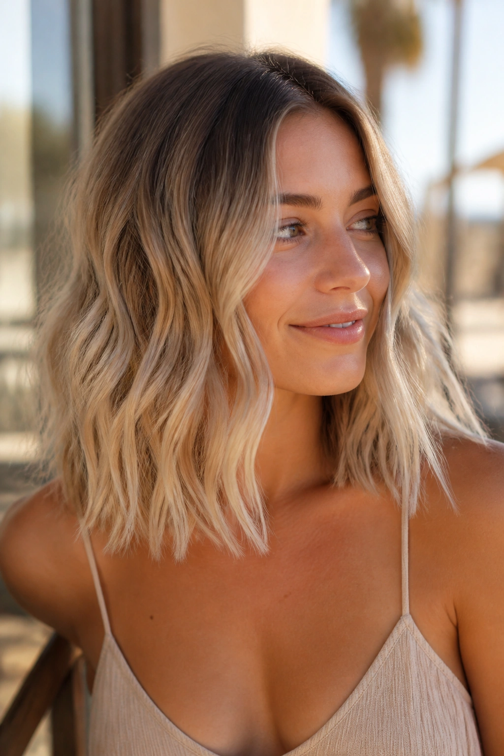 Woman with ash blonde root melt and beach waves in sunlit setting