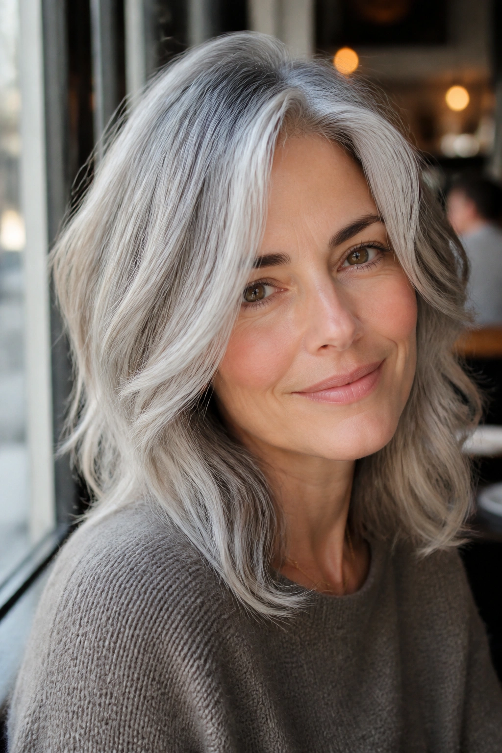 Close-up of ash silver hair with face-framing layers on real person