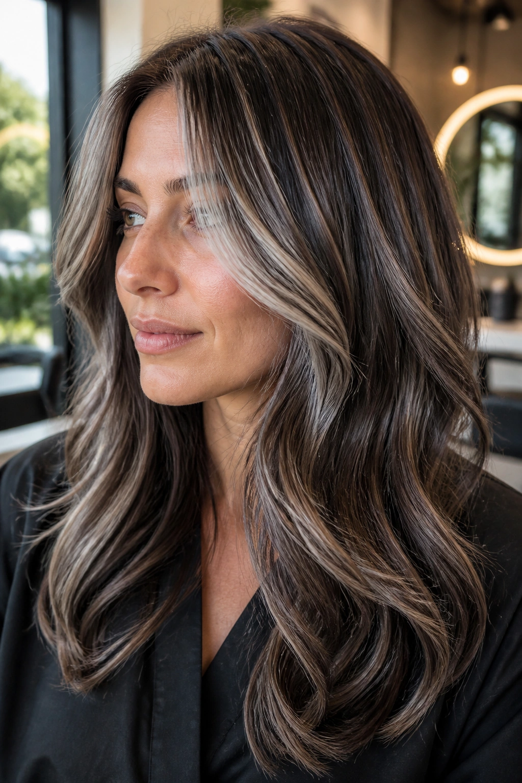Close-up of a real woman with ash-silver highlights and espresso lowlights in medium brown hair under natural light